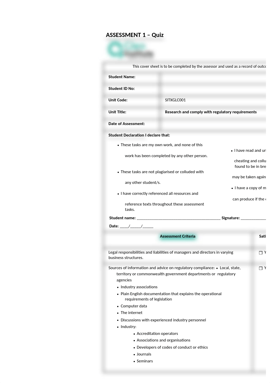 Assessment 1 SITXGLCC001 (Complete )Research and comply with regulatory requirements.docx_dqadmym782s_page1