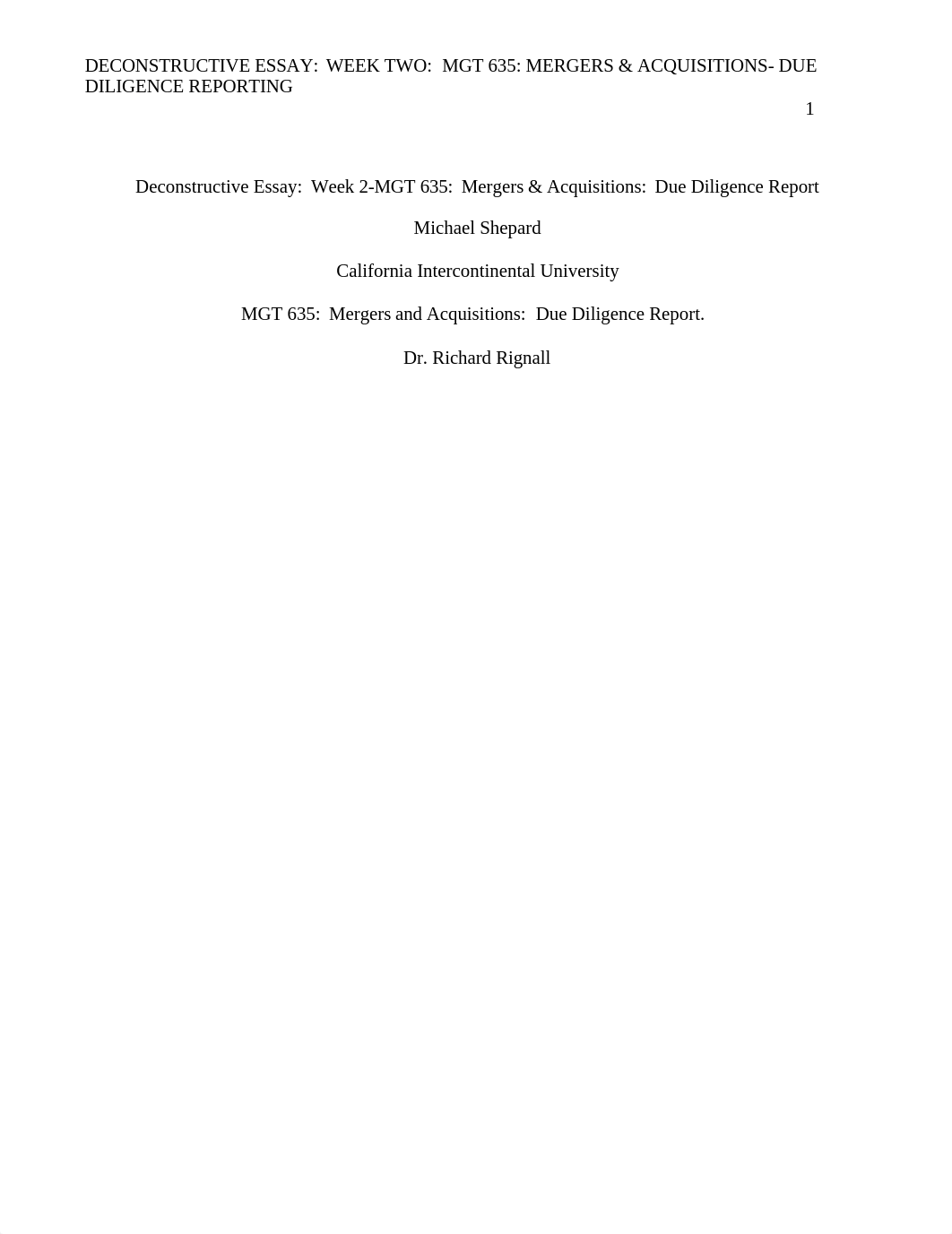 MGT 635 Mergers & Acquisitions Due Diligence Report  Week 2 Deconstructive Essay.docx_dqahjbg4rq9_page1