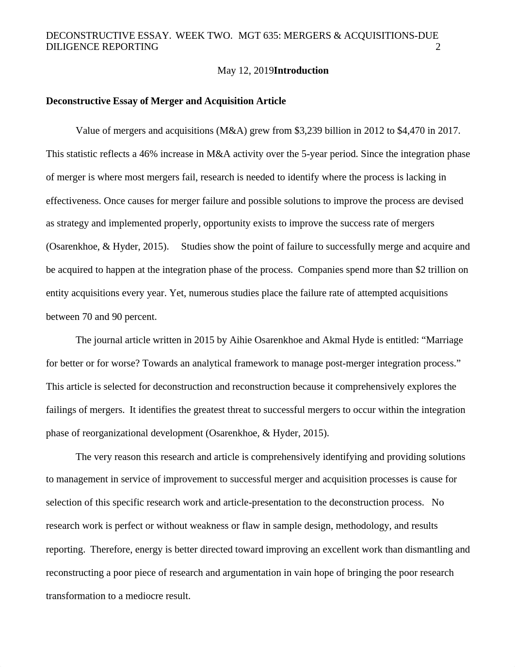 MGT 635 Mergers & Acquisitions Due Diligence Report  Week 2 Deconstructive Essay.docx_dqahjbg4rq9_page2