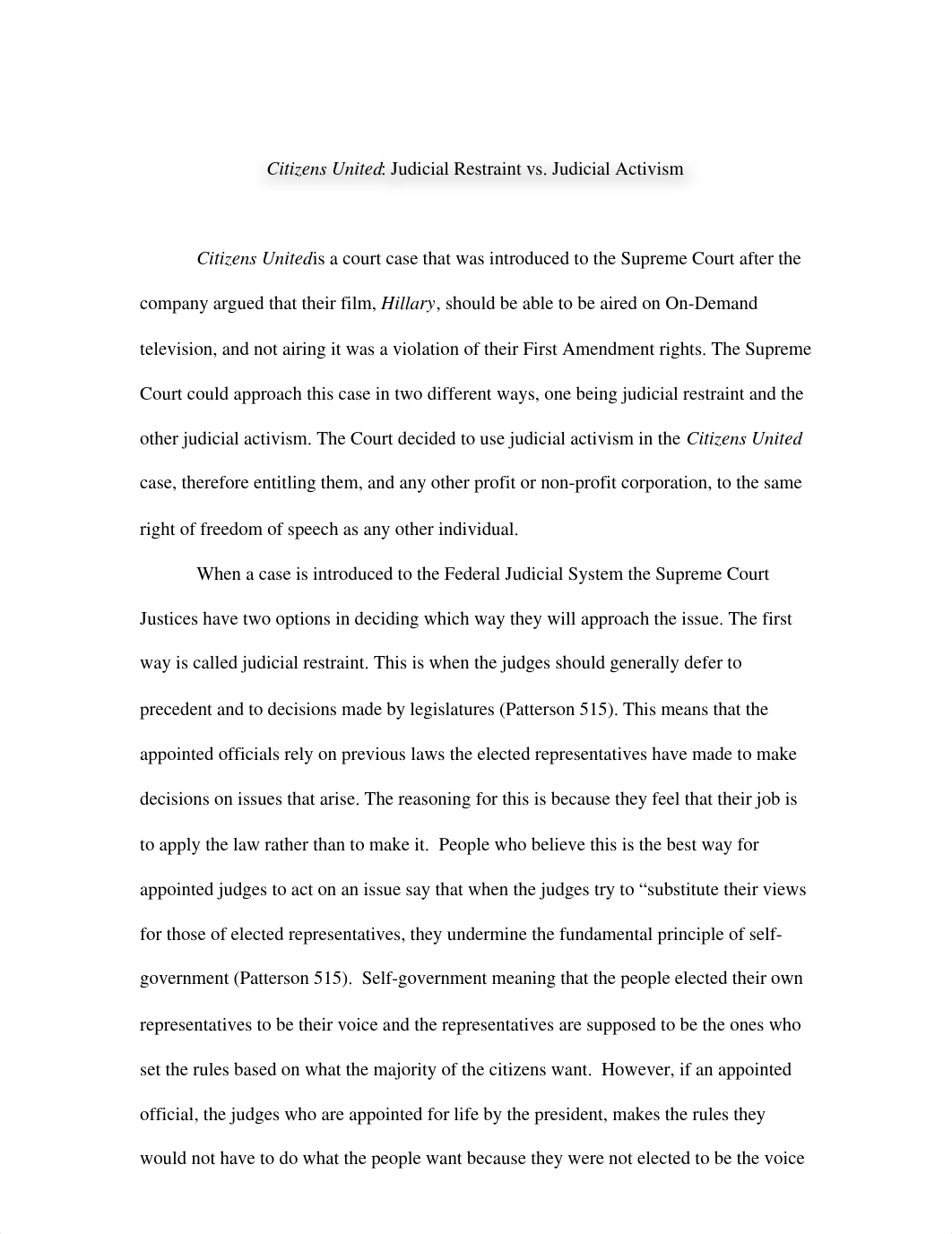 Citizens United: Judicial Restraint vs. Judicial Activism  Essay_dqcek2scp4r_page1