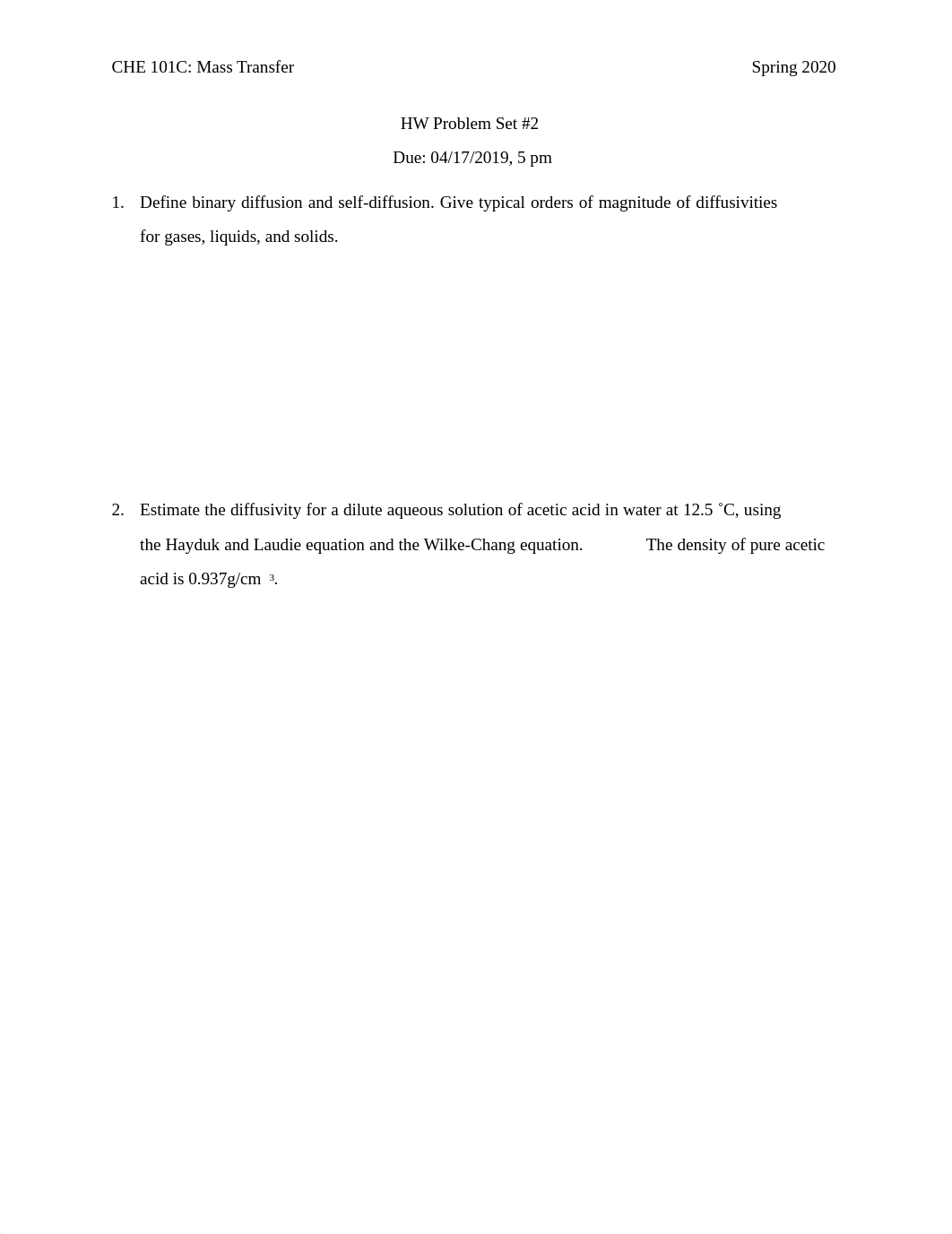 HW 2 Solutions CHE 101C Mass Transfer Spring 2020.pdf_dqcq67cebww_page1