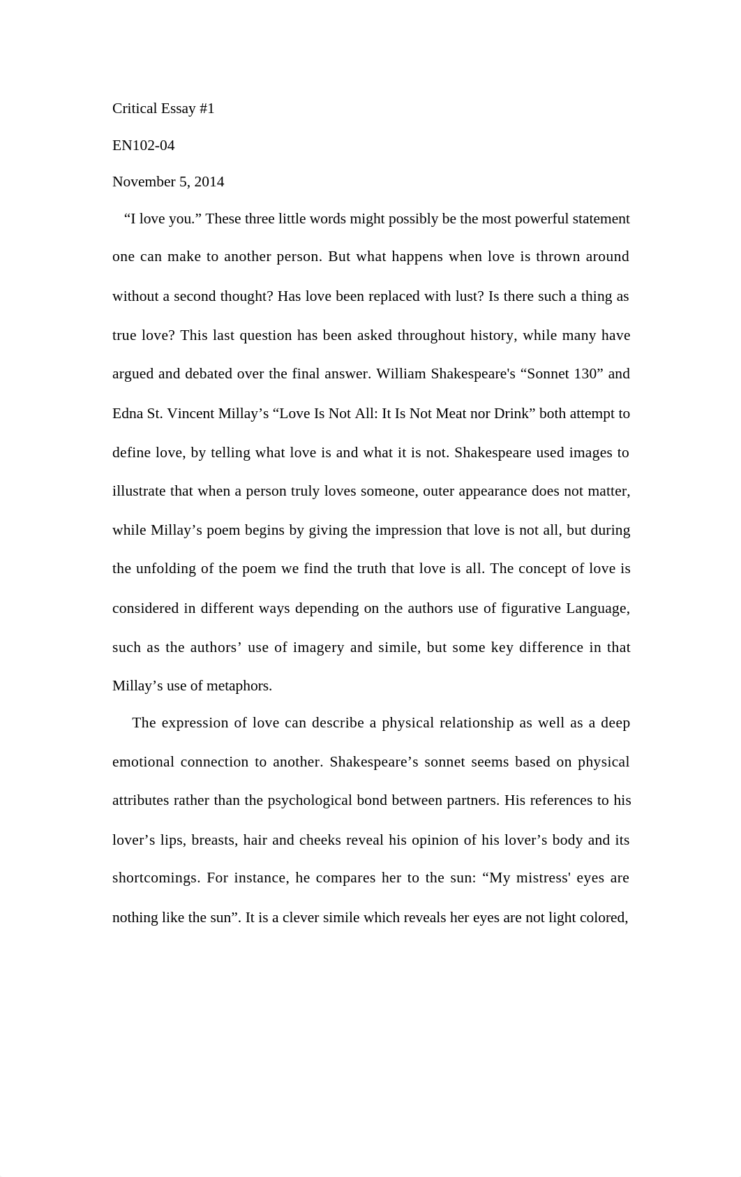 William Shakespeare's "Sonnet 130" and Edna St. Vincent Millay's "Love Is Not All: It Is Not Meat no_dqcvelz2k1b_page1