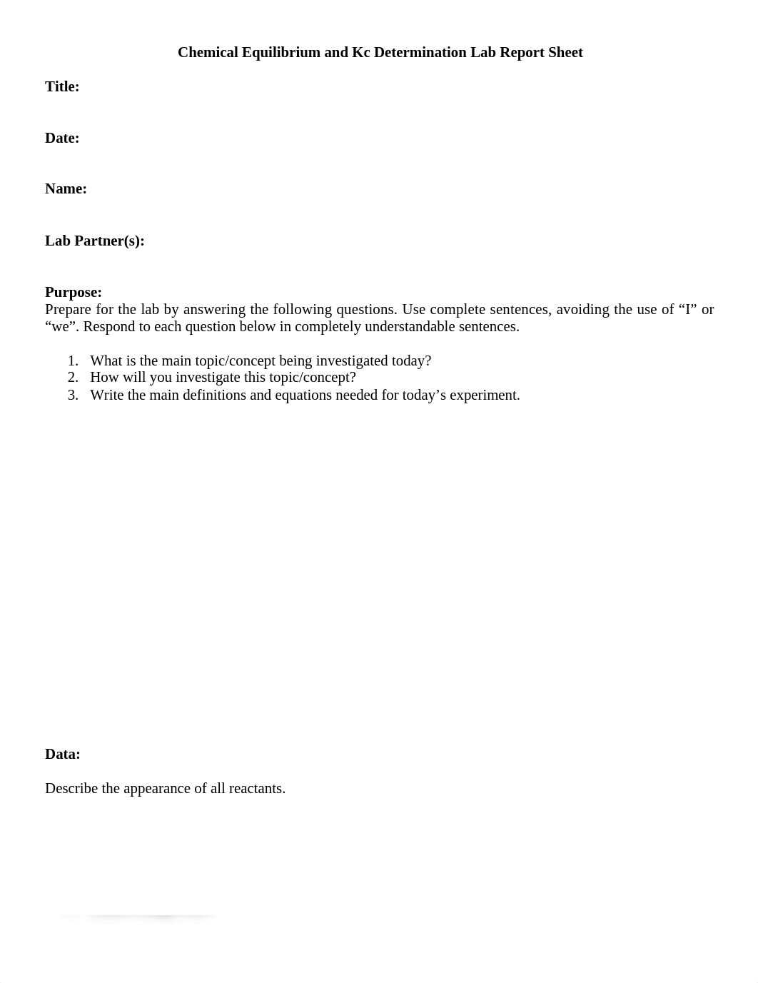 CHEM 1212K -Chemical Equilibrium and Kc Determination - Report Sheet.docx_dqj47omkfn2_page1