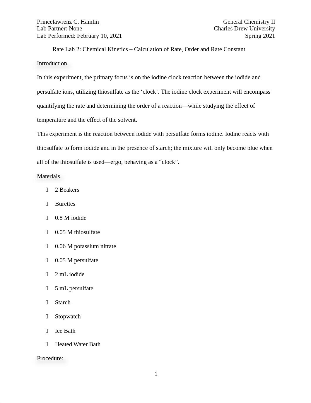 Chemistry Lab 2 Chemical Kinetics Calculation of Rate, Order, Constant.docx_dqj8o89eipg_page1