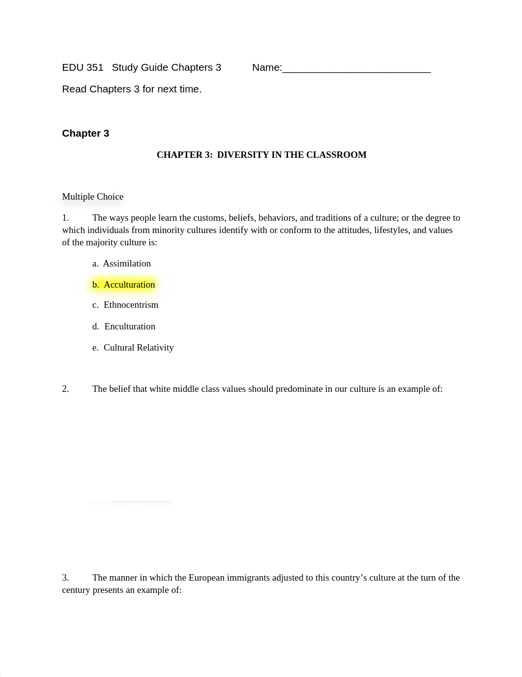 Edu. 351- Ch. 3 SG CHAPTER 3: DIVERSITY IN THE CLASSROOM Multiple Choice_dqka7koi1nn_page1