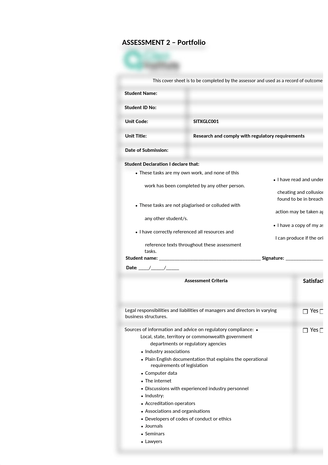 ASSESSMENT 2 SITXGLC001 (Complete )Research and comply with regulatory requirements.docx_dqnjjxazxcw_page1