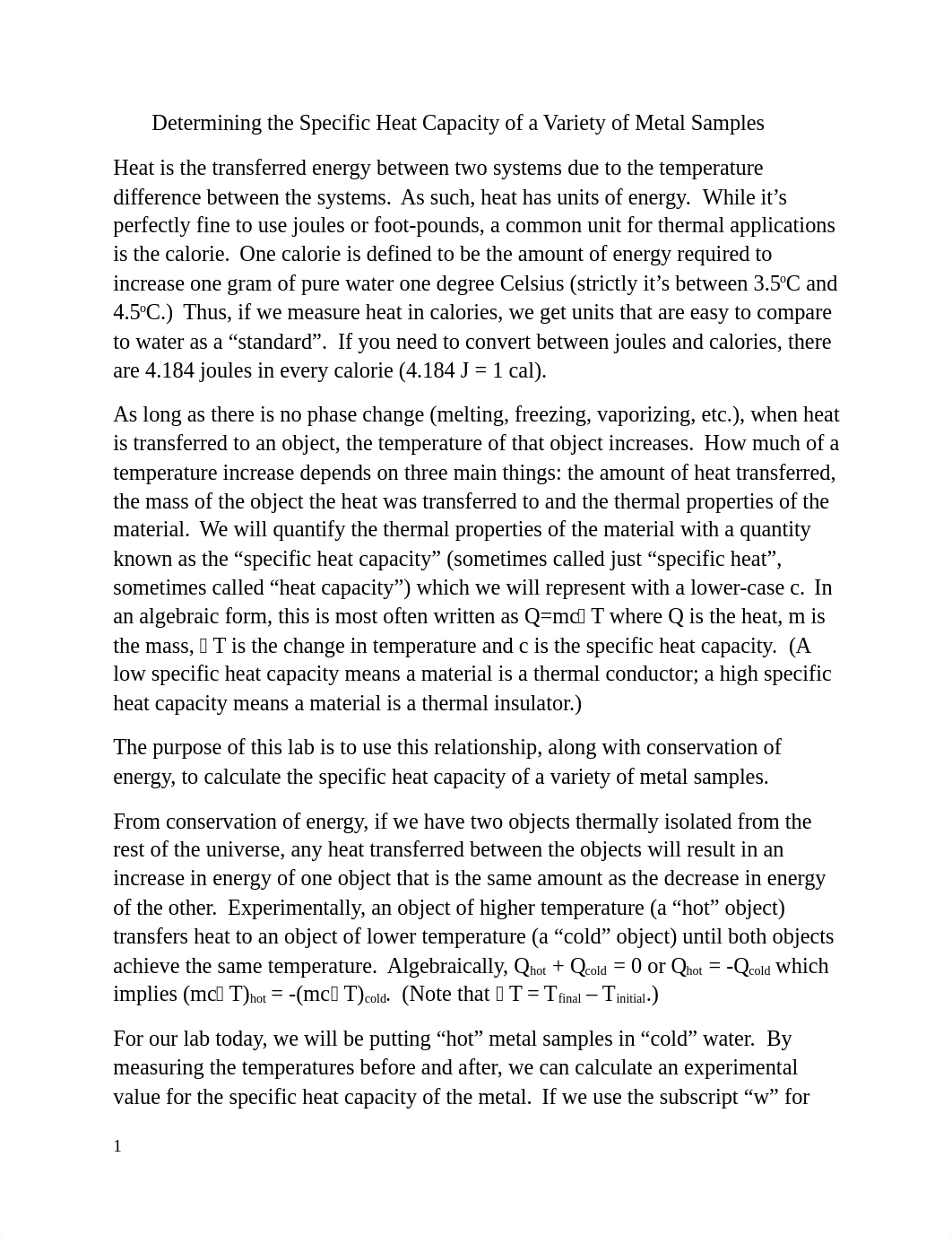 Determining the Specific Heat Capacity of a Variety of Metal Samples .docx_dqoevf37246_page1