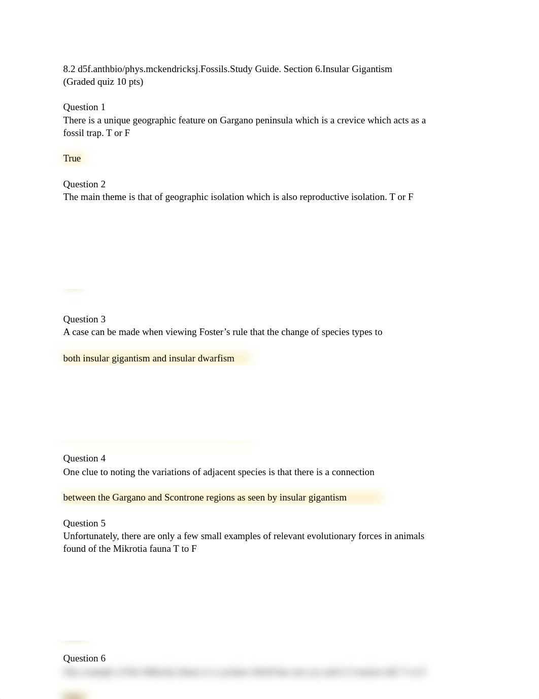 8.2 d5f.anthbio_phys.mckendricksj.Fossils.Study Guide. Section 6.Insular Gigantism (Graded quiz 10 p_dqpabuqqos9_page1