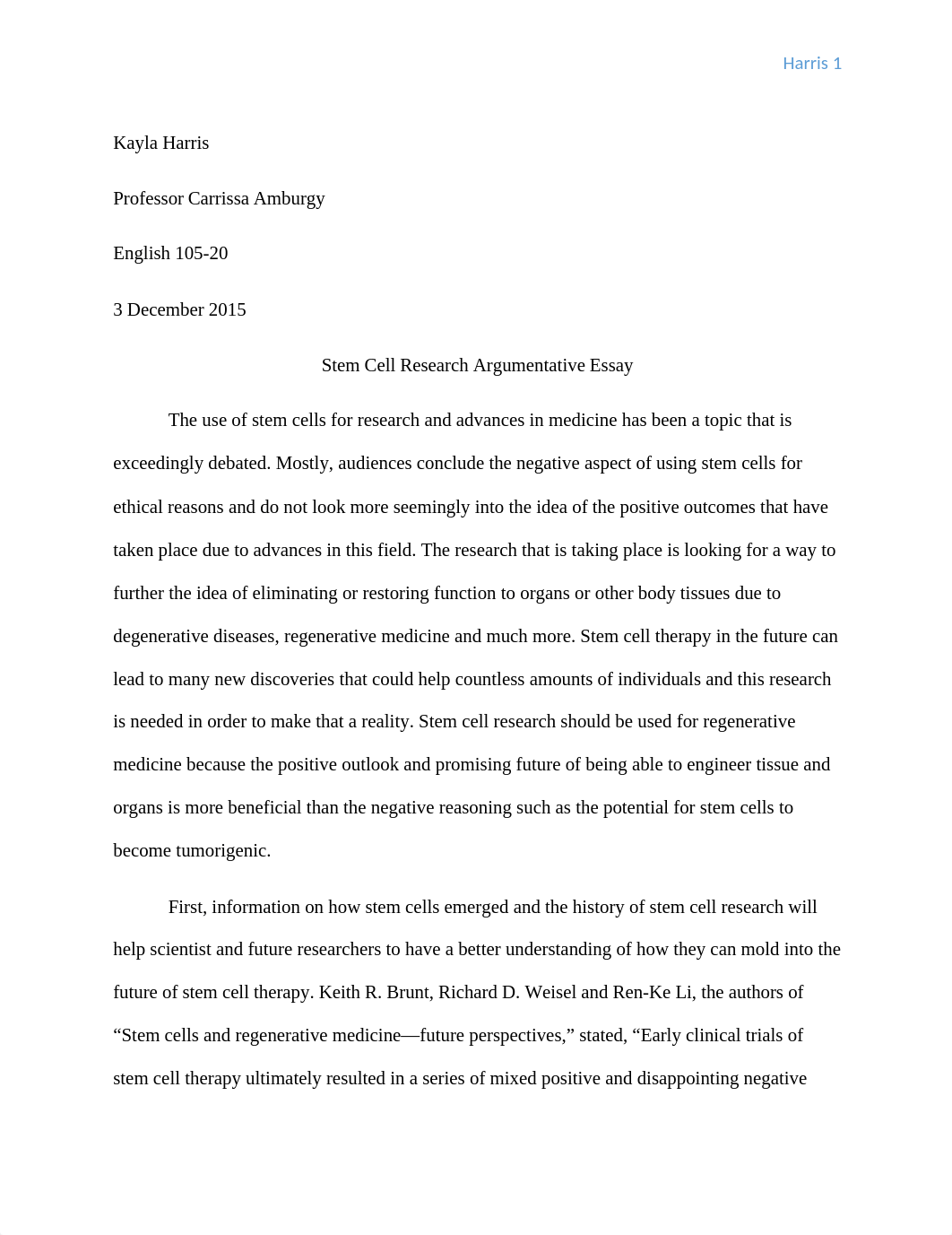 Kayla Harris Argumentive Essay Stem Cell Research.docx_dqqs1eif8v9_page1