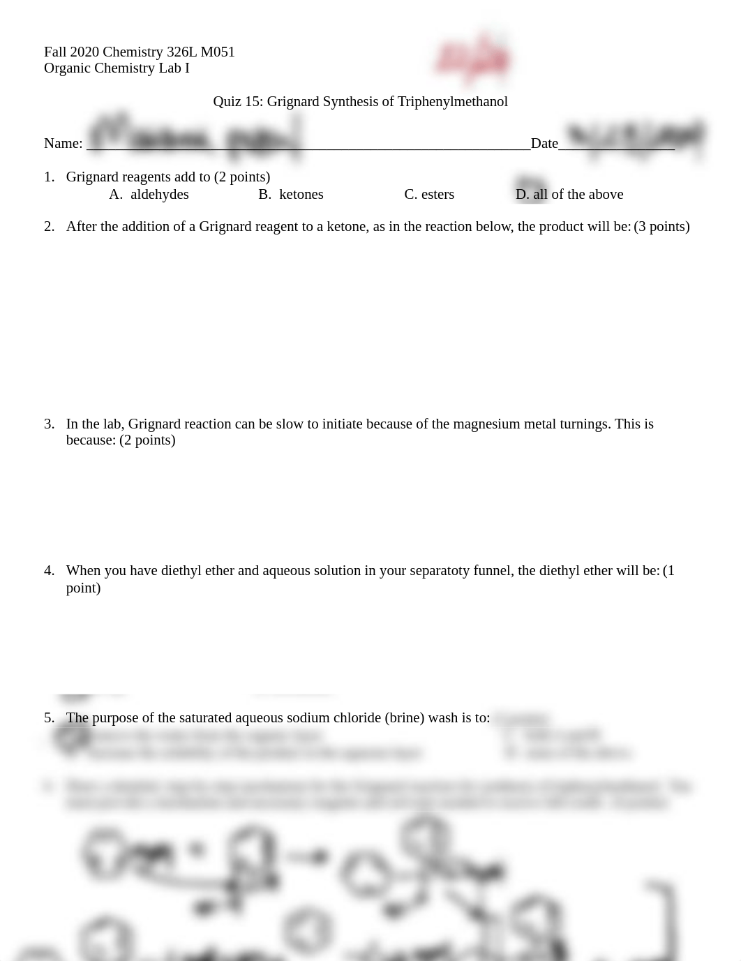 Quiz 15 Grignard Synthesis of Triphenylmethanol Chemistry 326L M052 (1).docx_dqr2flhifp7_page1