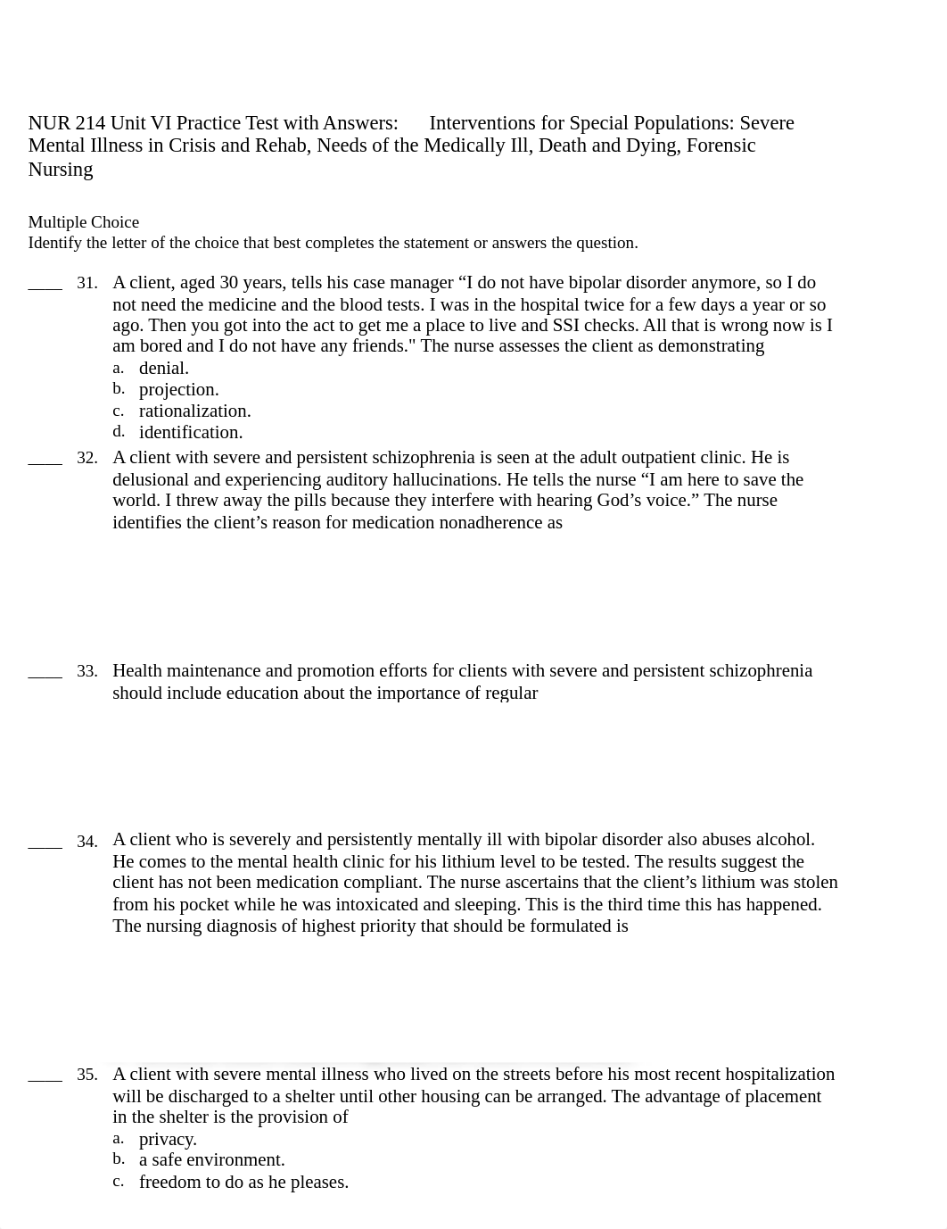 NUR 214 Mental Health Unit VI Practice Test and Answers 60 Questions Revised 2020.docx_dqvttstnud8_page1