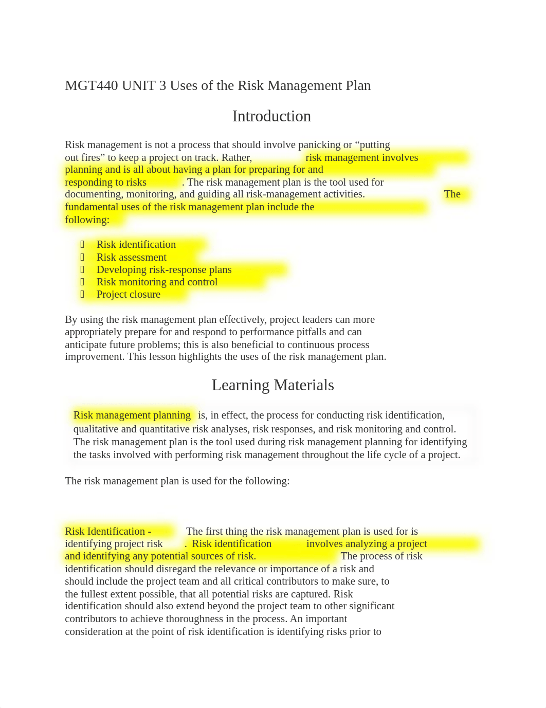 MGT440 UNIT 3  USES OF THE RISK MANAGEMENT PLAN.docx_dr1e0zbzwz7_page1