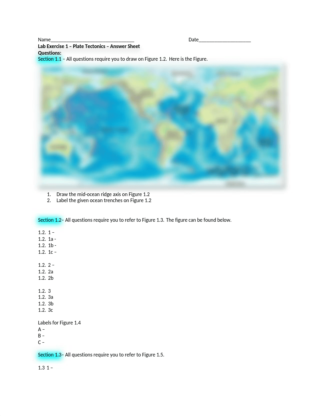 LAB 1 - PLATE TECTONICS - BLANK ANSWER SHEET - DOCUMENT.docx_dr6075mylty_page1