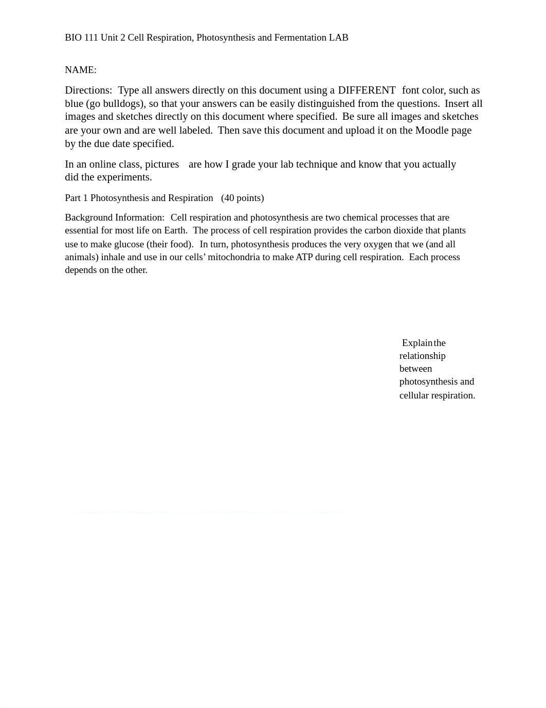 BIO LAB Part 2 Photosynthesis, Respiration and Fermentation Experiment.docx_dray75qf6po_page1