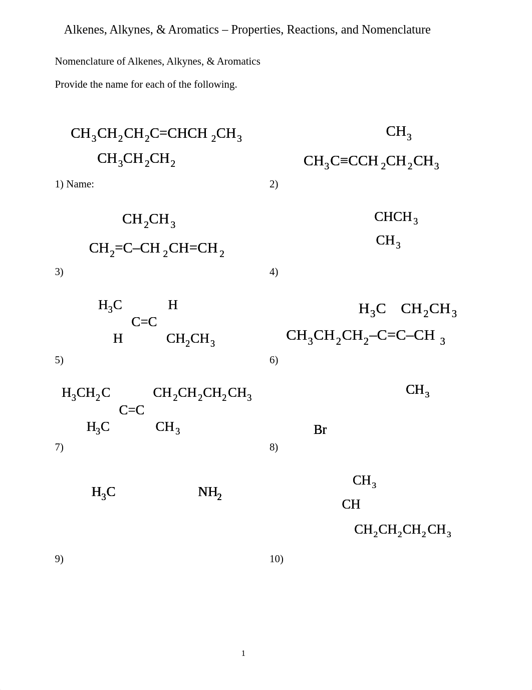 OCA #13 - Alkenes, Alkynes &amp; Aromatics - Nomenclature Word document_drb8feu7lc4_page1