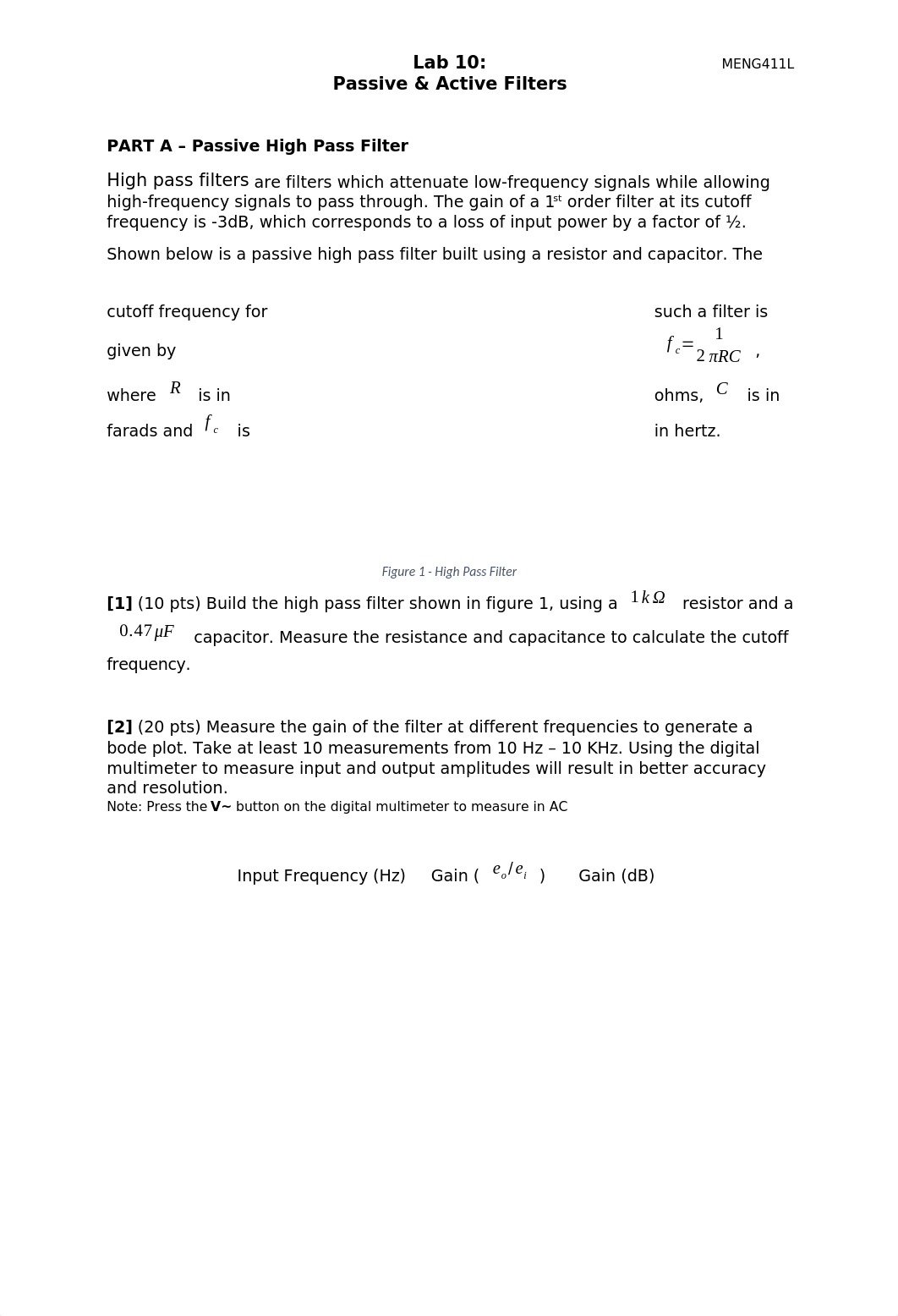 Lab 10:
Passive & Active Filters
MENG411L
PART A Passive High Pass Fil_drdg1ger22v_page1