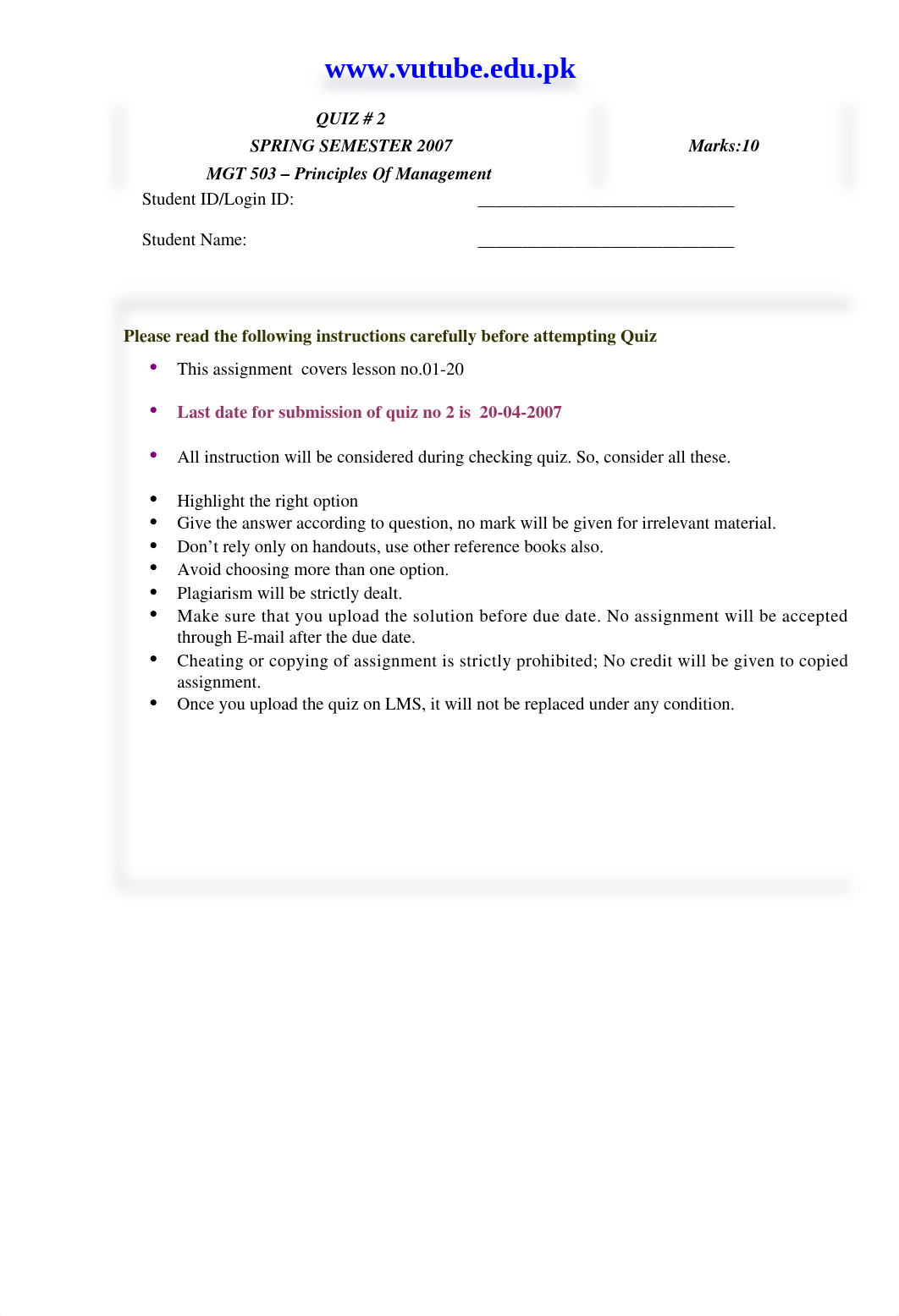 Princilpes of Management - MGT503 Spring 2007 Quiz 02 Solution_drdjrj4rvgf_page1