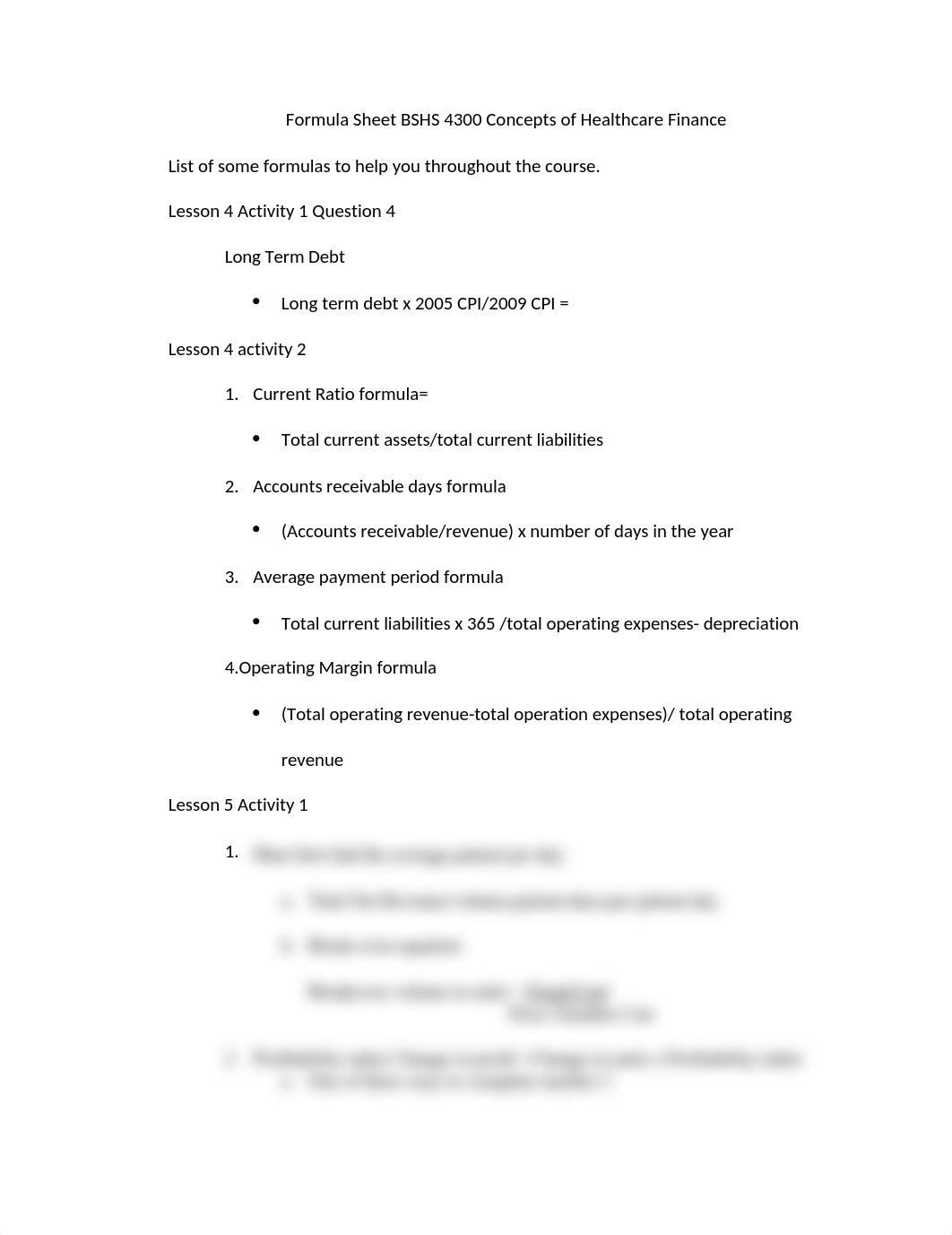 Formula Sheet BSHS 4300 Concepts of Healthcare Finance(1).docx_dre062d1mzz_page1