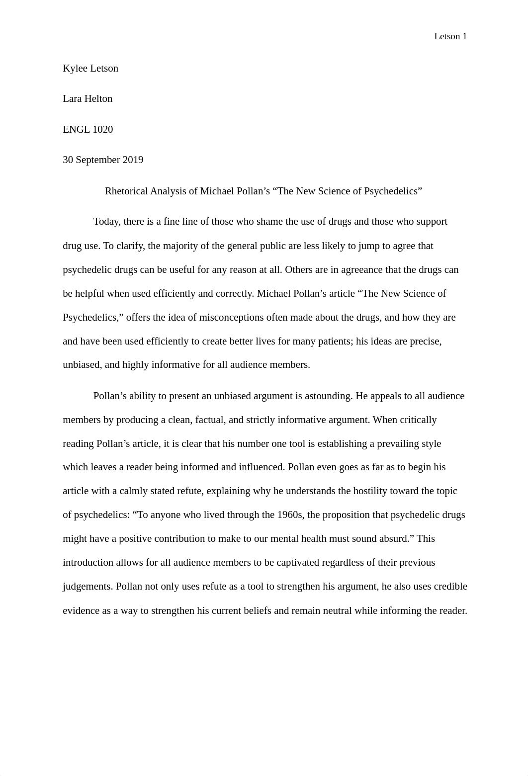 Kylee Letson Michael Pollan Rhetorical Analysis Final Essay.docx_drgsmpferl5_page1