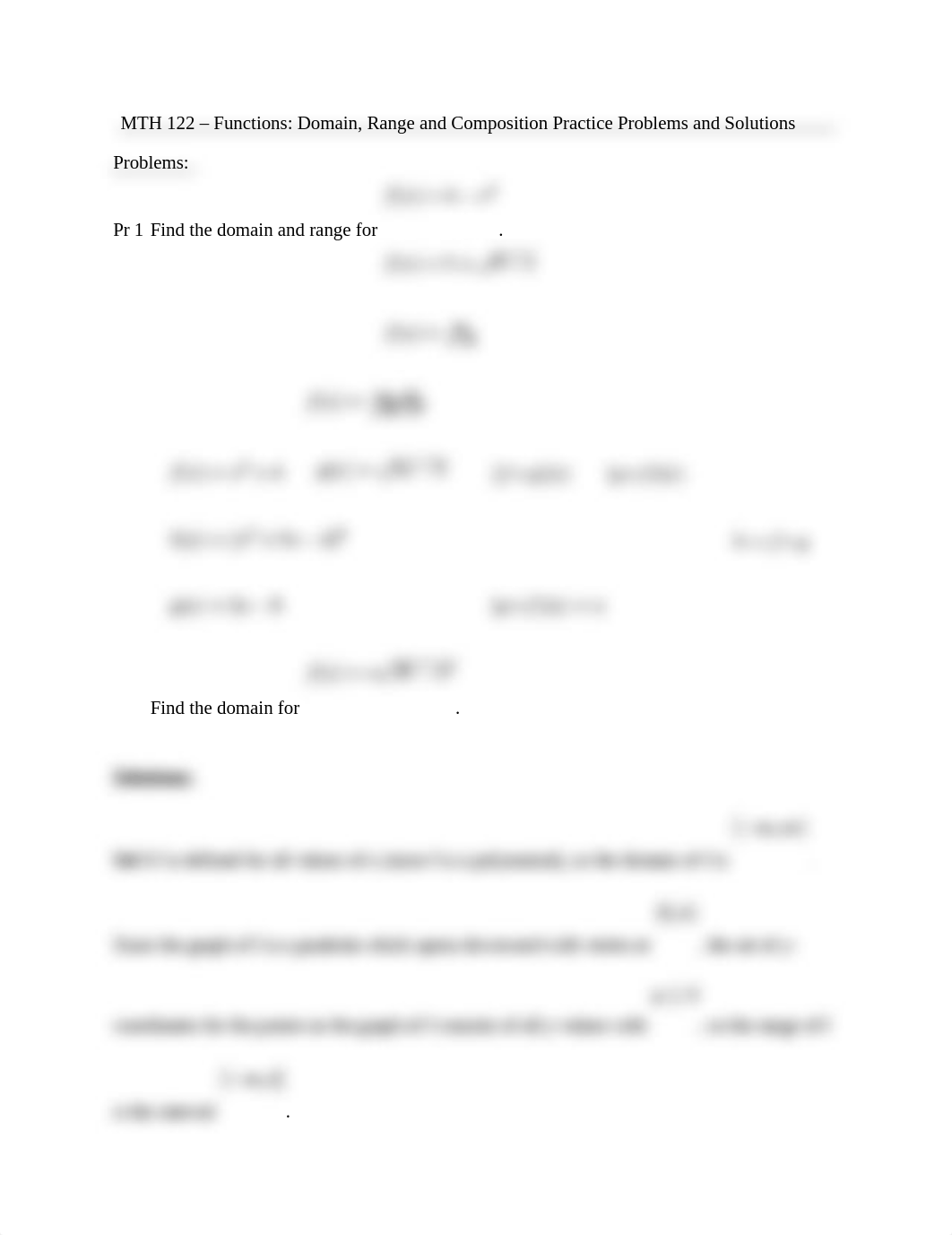 MTH 122 - Functions - Domain, Range and Composition Practice Problems and Solutions_drhp32124be_page1