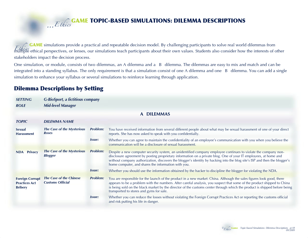 EthicsGAME TOPIC-BASED SIMULATIONS - DILEMMA DESCRIPTIONS .pdf_drn46ft89et_page1