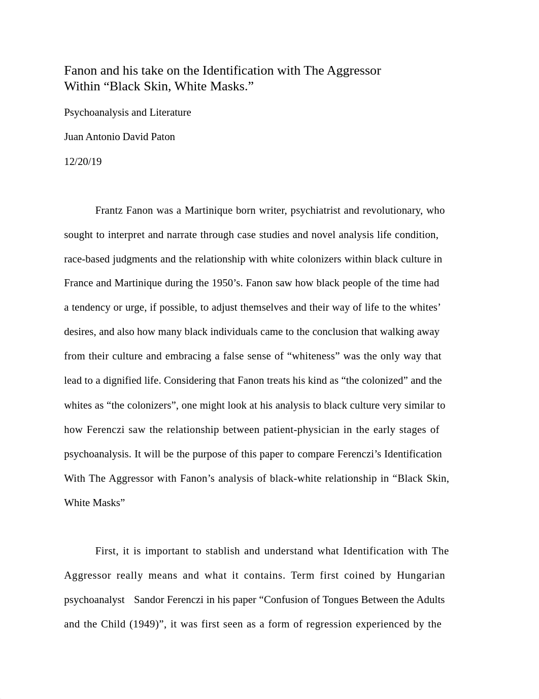 Fanon and his take on the Identification with The Aggressor Witin "Black Skin, White Masks." .docx_drptvmjkw75_page1