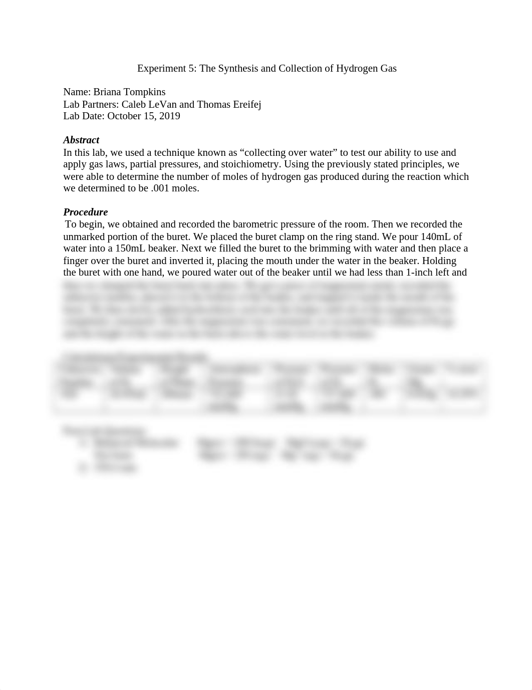 Lab Report 5; The synthesis and Collection of Hydrogen Gas.docx_drqa5v1k1d1_page1