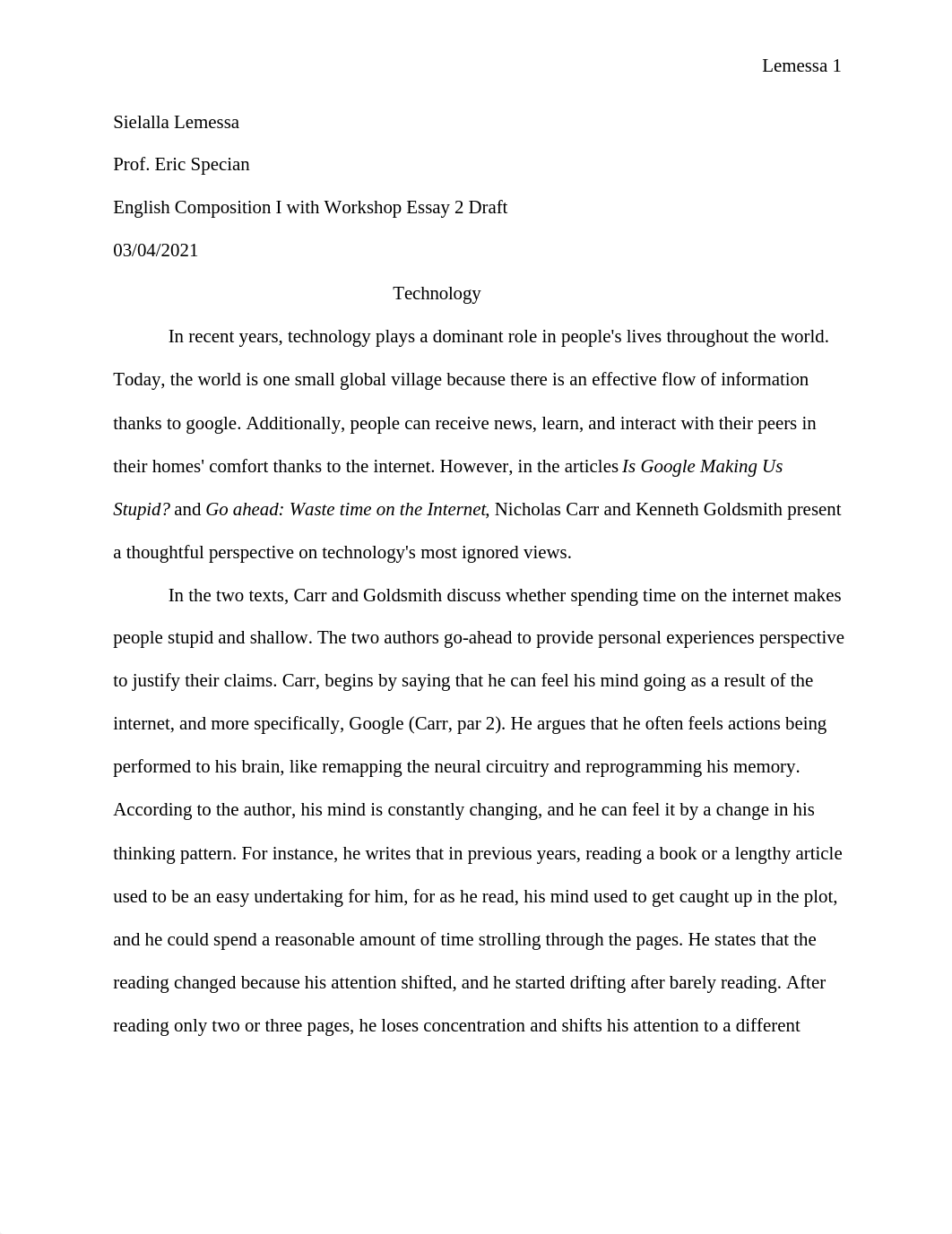 Sielalla Lemessa  English Composition I with Workshop Essay 2 Draft.docx_drqjx9jdylr_page1