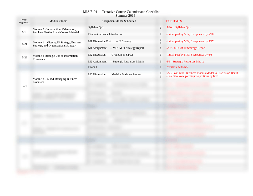 MIS7101_CourseCalendar&Checklist_Summer2018.pdf_drryunj26oi_page1