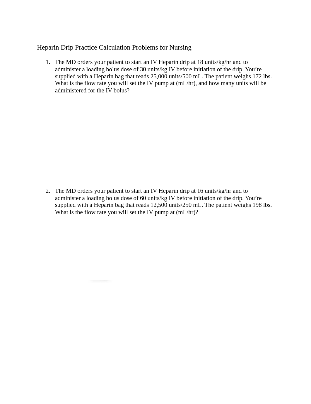 Heparin Drip Practice Calculation Problems for Nursing Answers(1).docx_drtki5kok48_page1