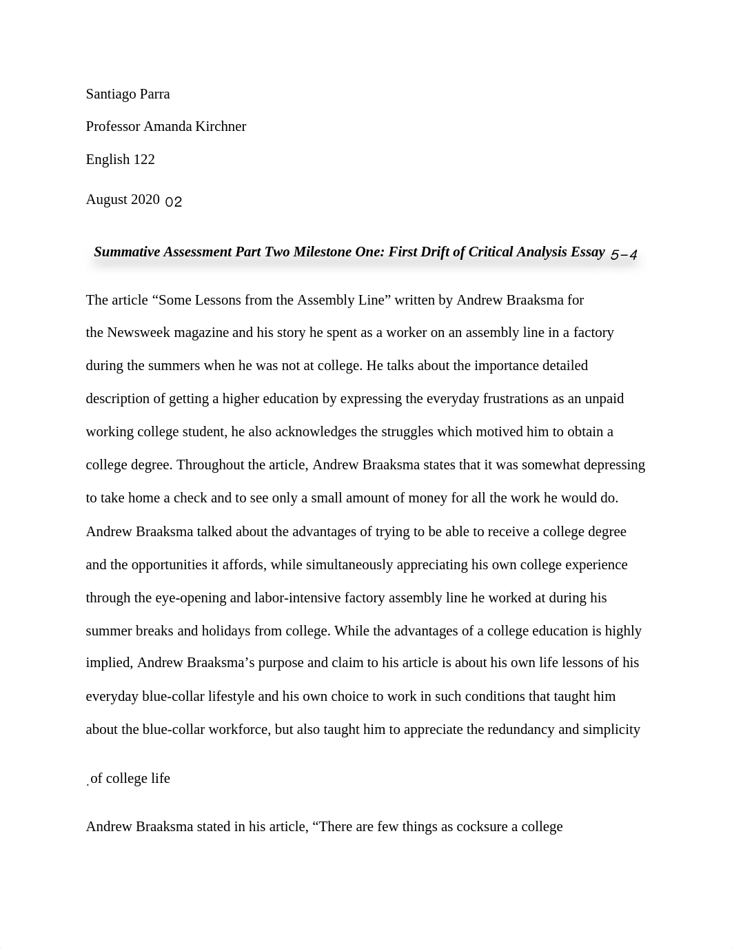 5-4 Summative Assessment Part Two Milestone One-First Draft of Critical Analysis Essay copy.docx_drvxlygcftf_page1