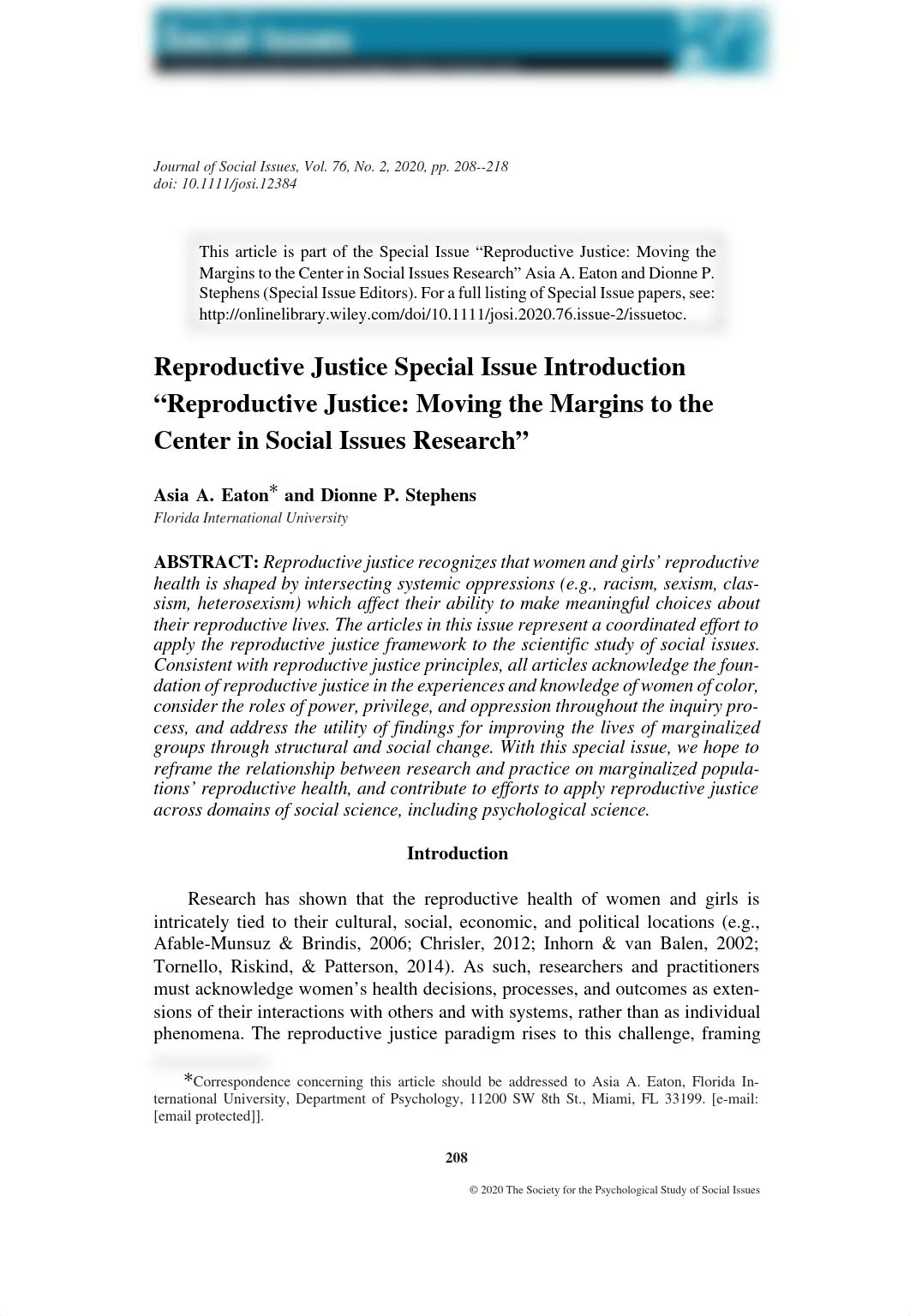 Journal of Social Issues - 2020 - Eaton - Reproductive Justice Special Issue Introduction  Reproduct_drx9hmnhcaq_page1