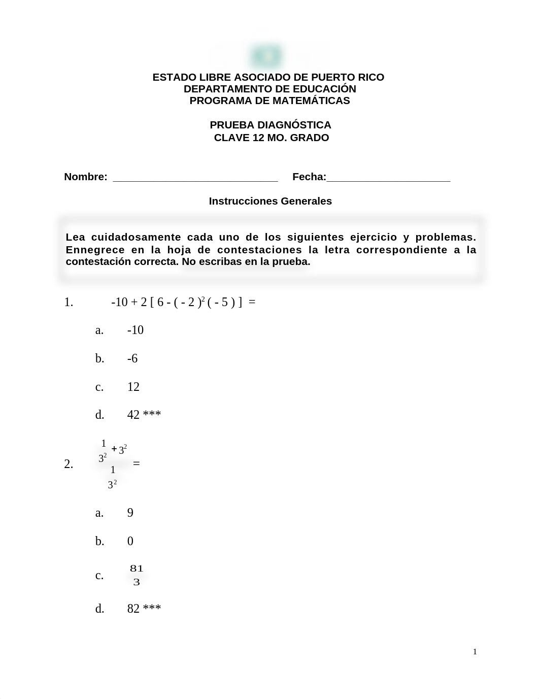 PRUEBA DE DIANOSTICA 12 MO. GRADO CLAVE.doc_ds18fj7p6my_page1