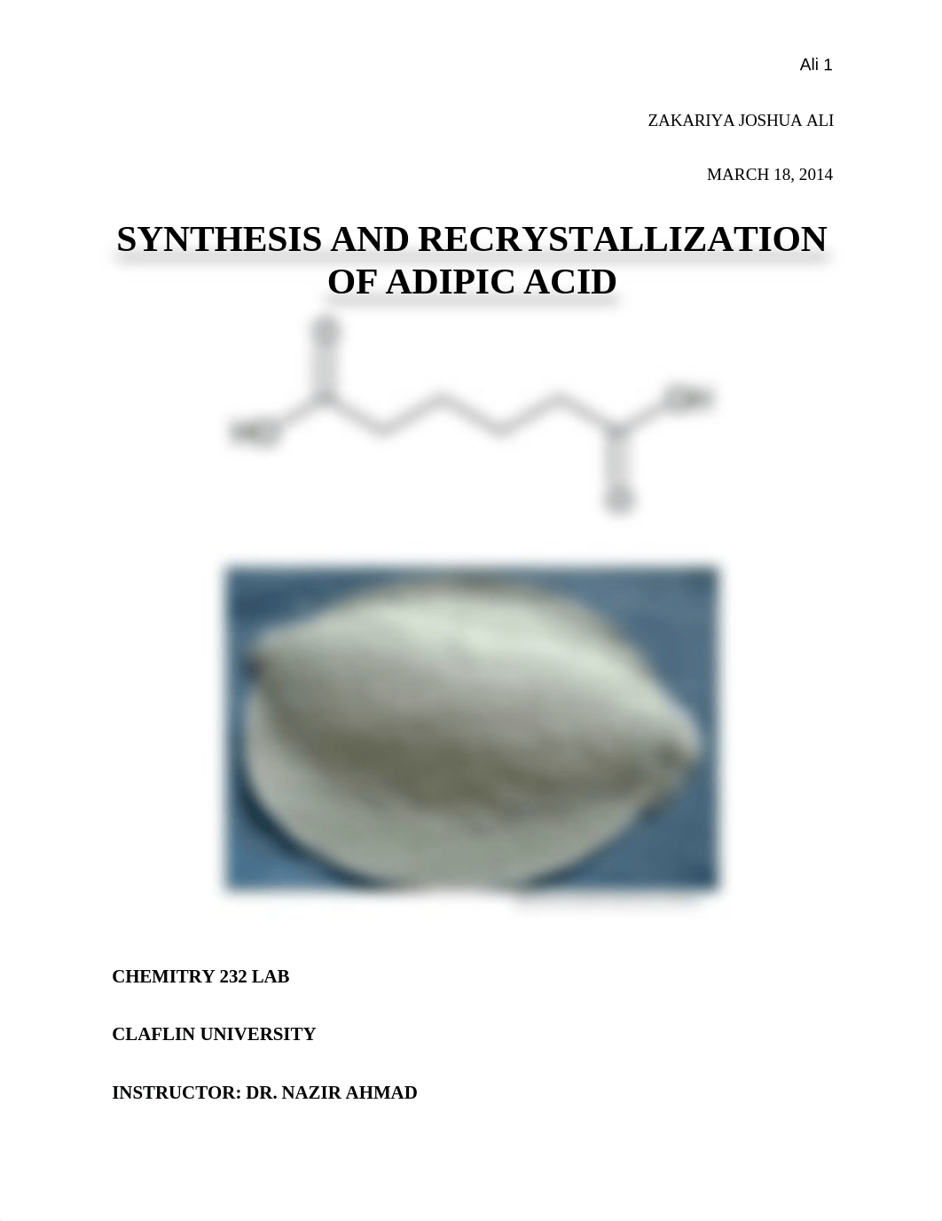 Synthesis and Recrystallization of Adipic Acid Lab Report_ds3r3dbmhmd_page1