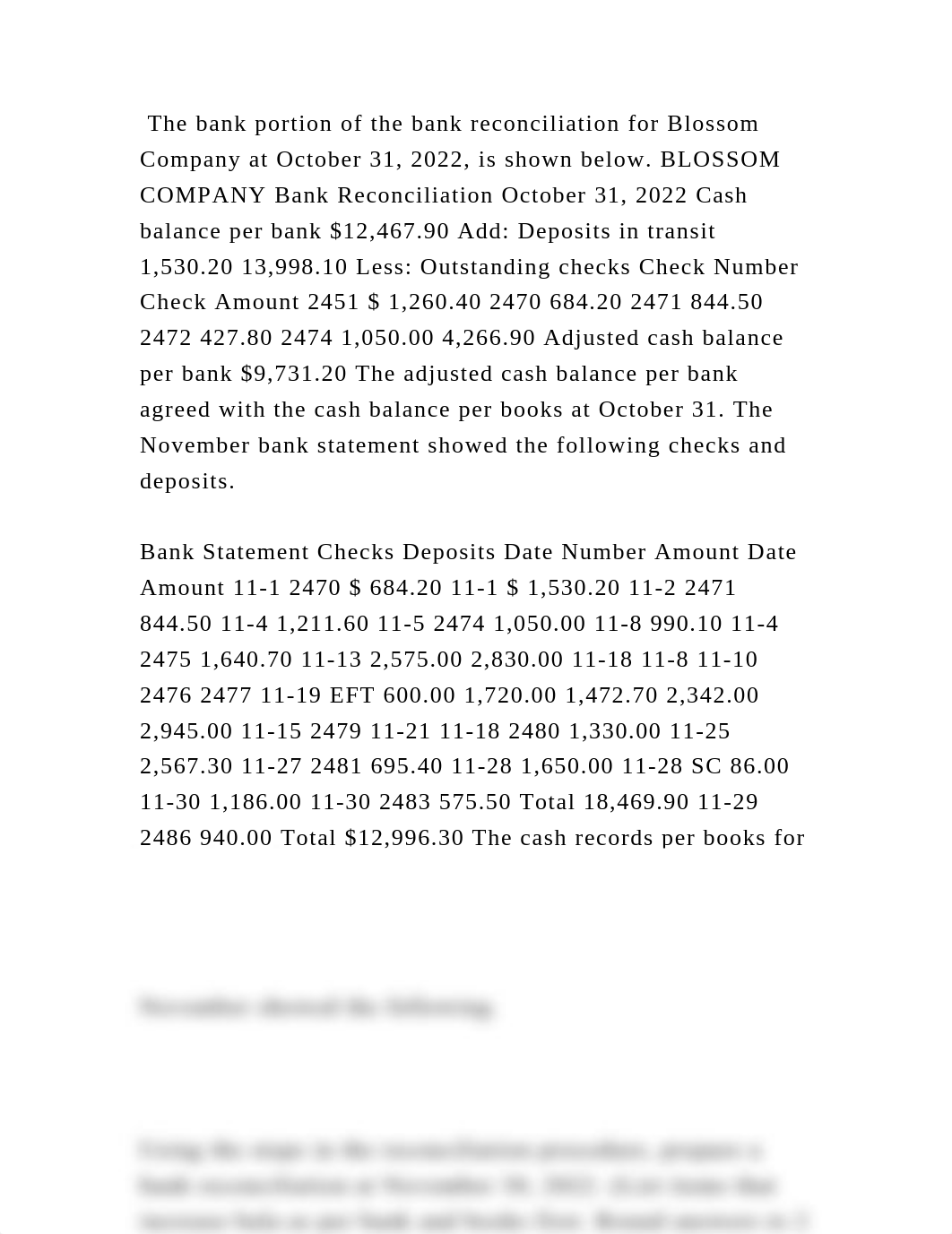 The bank portion of the bank reconciliation for Blossom Company at Oc.docx_ds43yf20p2e_page2