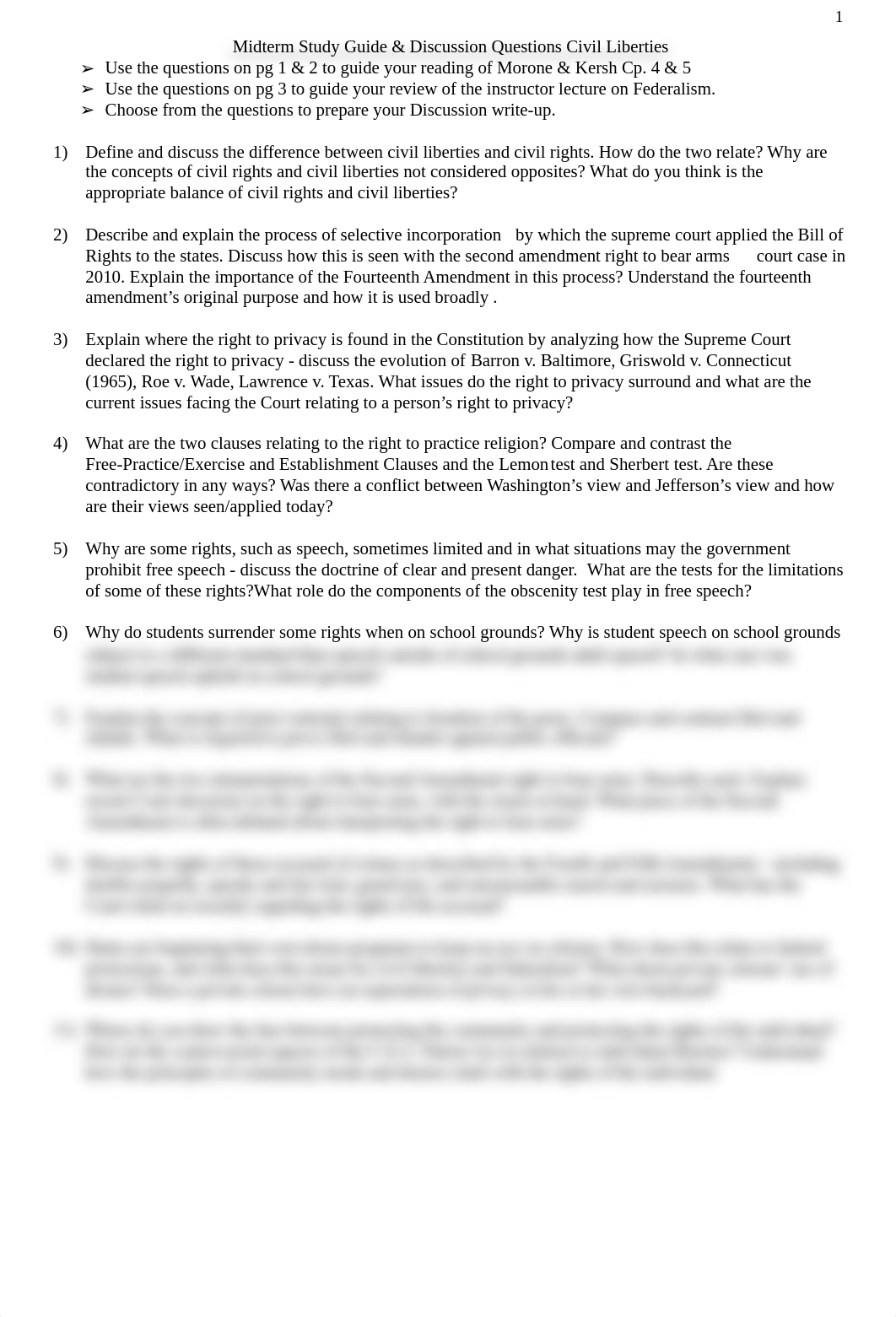 Midterm Pt. 1 Study Guide Discussion Questions Civil Liberties, Rights, and Federalism.pdf_ds6z8i33h1t_page1