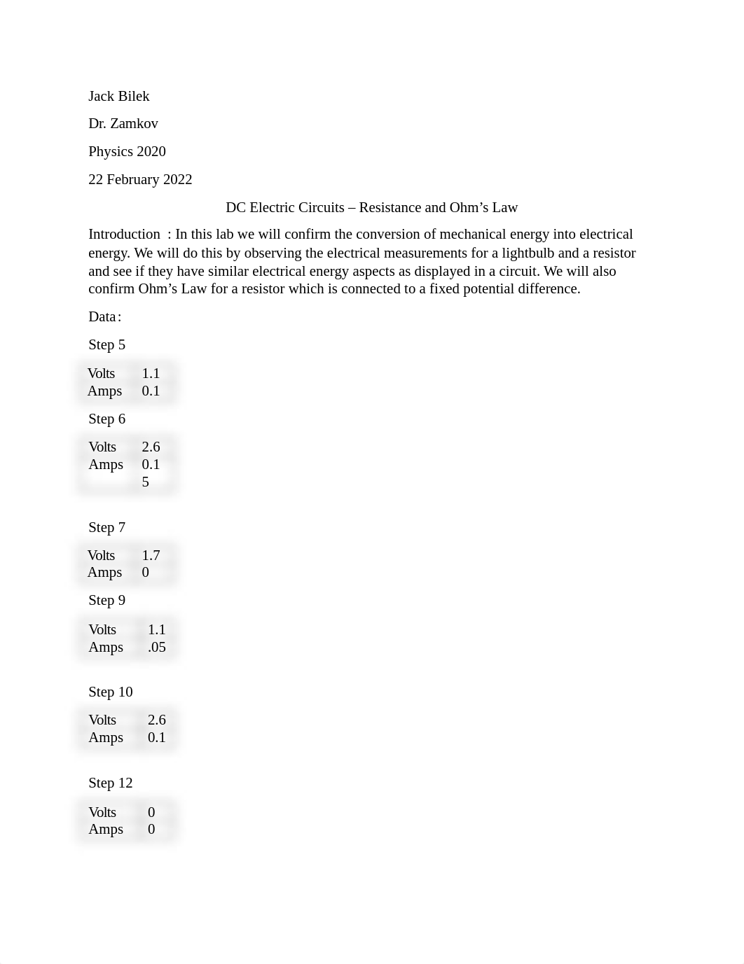 DC Electric Circuits - Resistance and Ohm's Law lab report.docx_ds87sqhk377_page1