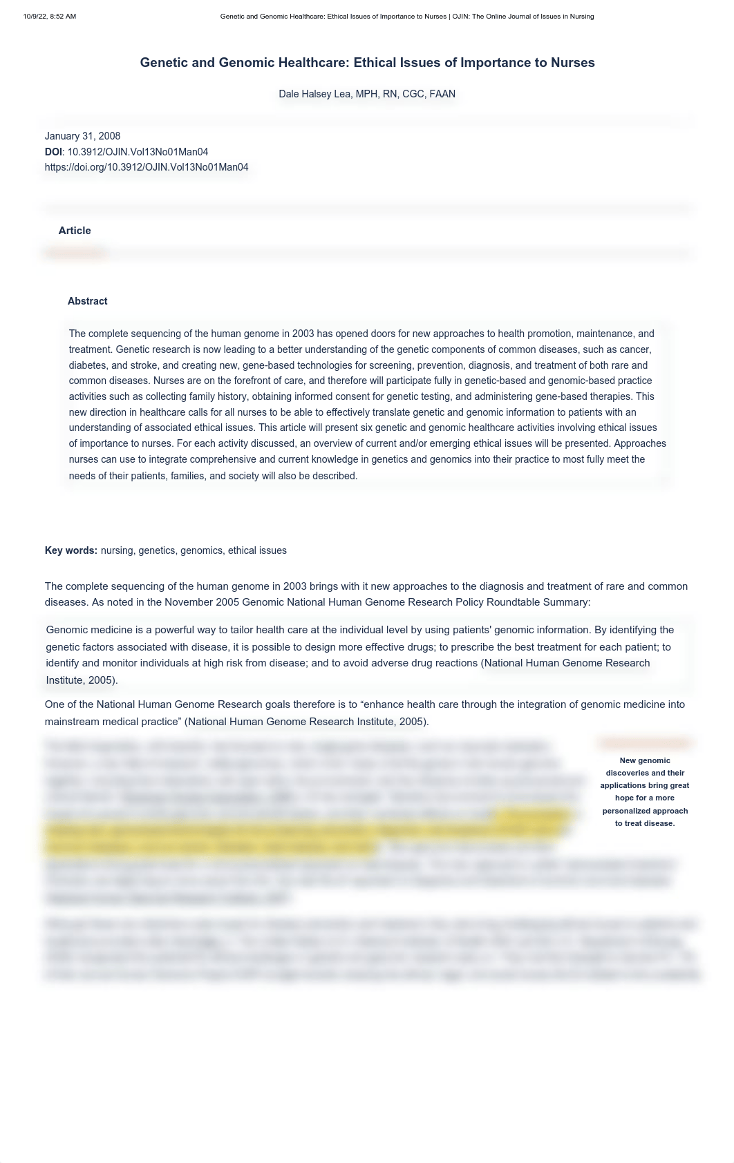 Genetic and Genomic Healthcare_ Ethical Issues of Importance to Nurses _ OJIN_ The Online Journal of_dsaiwtt3aro_page1