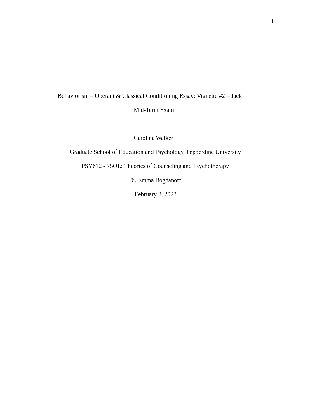 PSY 612 Midterm Behaviorism - Operant _ Classical Cond & Vignette.docx_dsbr6endqci_page1