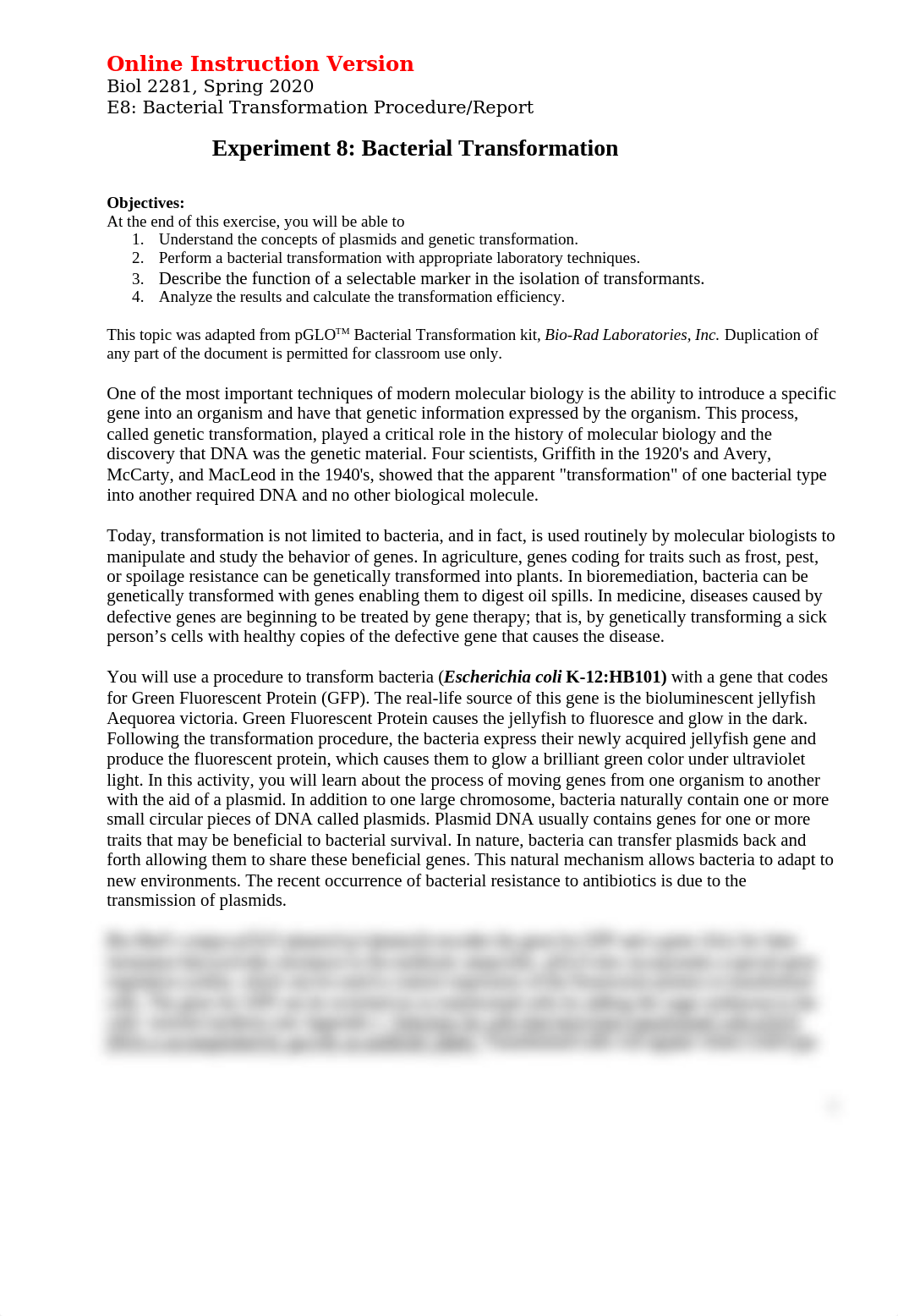 E8_bacterial_Transformation_procedure_Spring 2020 Updated for Online Instruction.doc_dscwkx94zup_page1