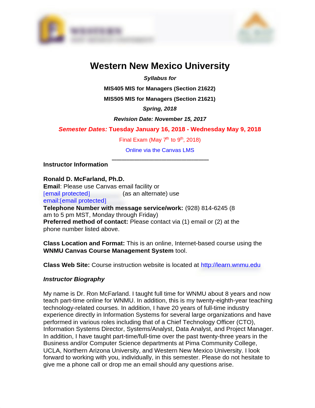 WNMU MIS405 505 Syllabus MIS for Managers Spring 2018 version 1.pdf_dsdm2700uh8_page1