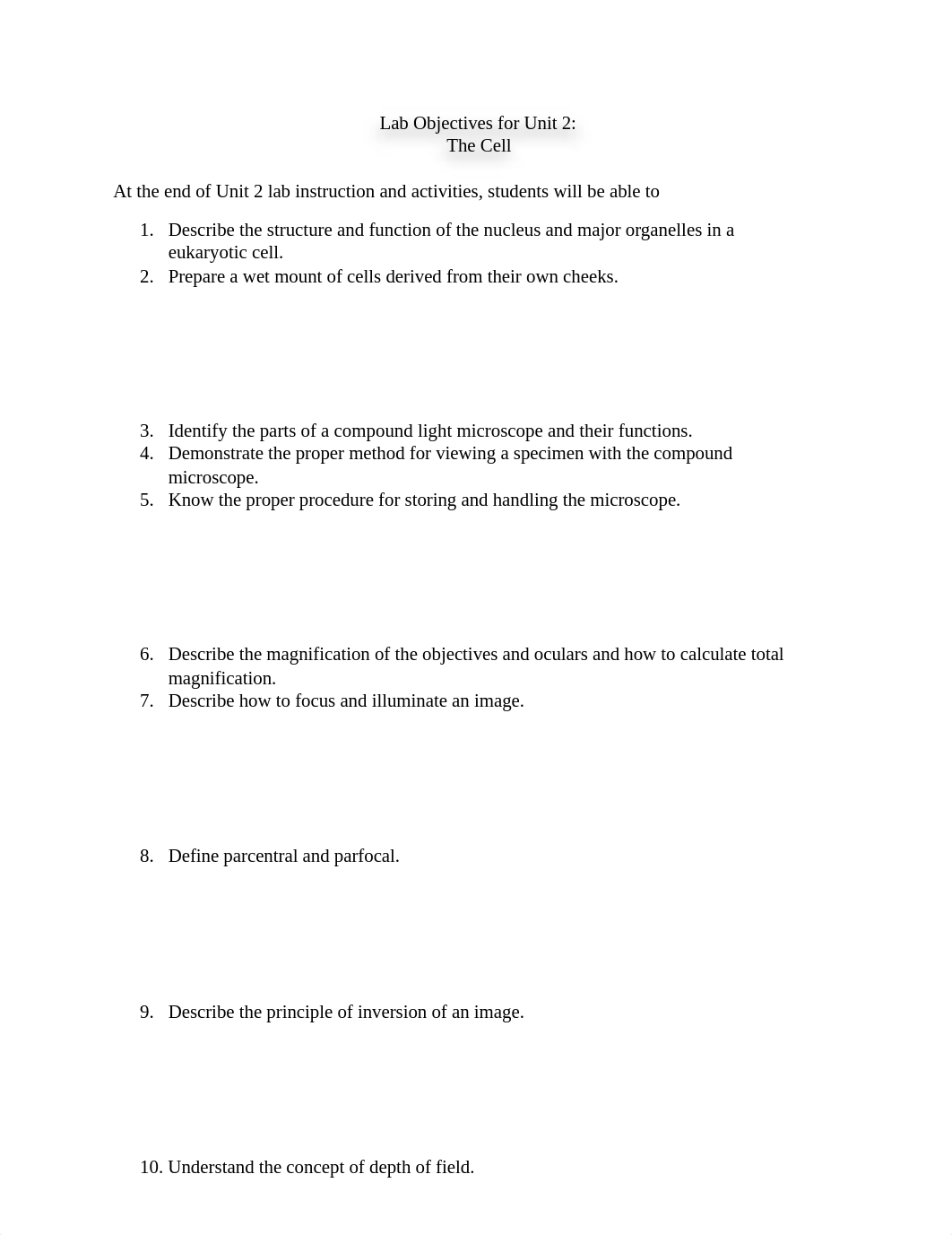 Biol 2401 Unit 2 The Cell Lab Packet with Objectives (1).docx_dsi2gpi5nuq_page1