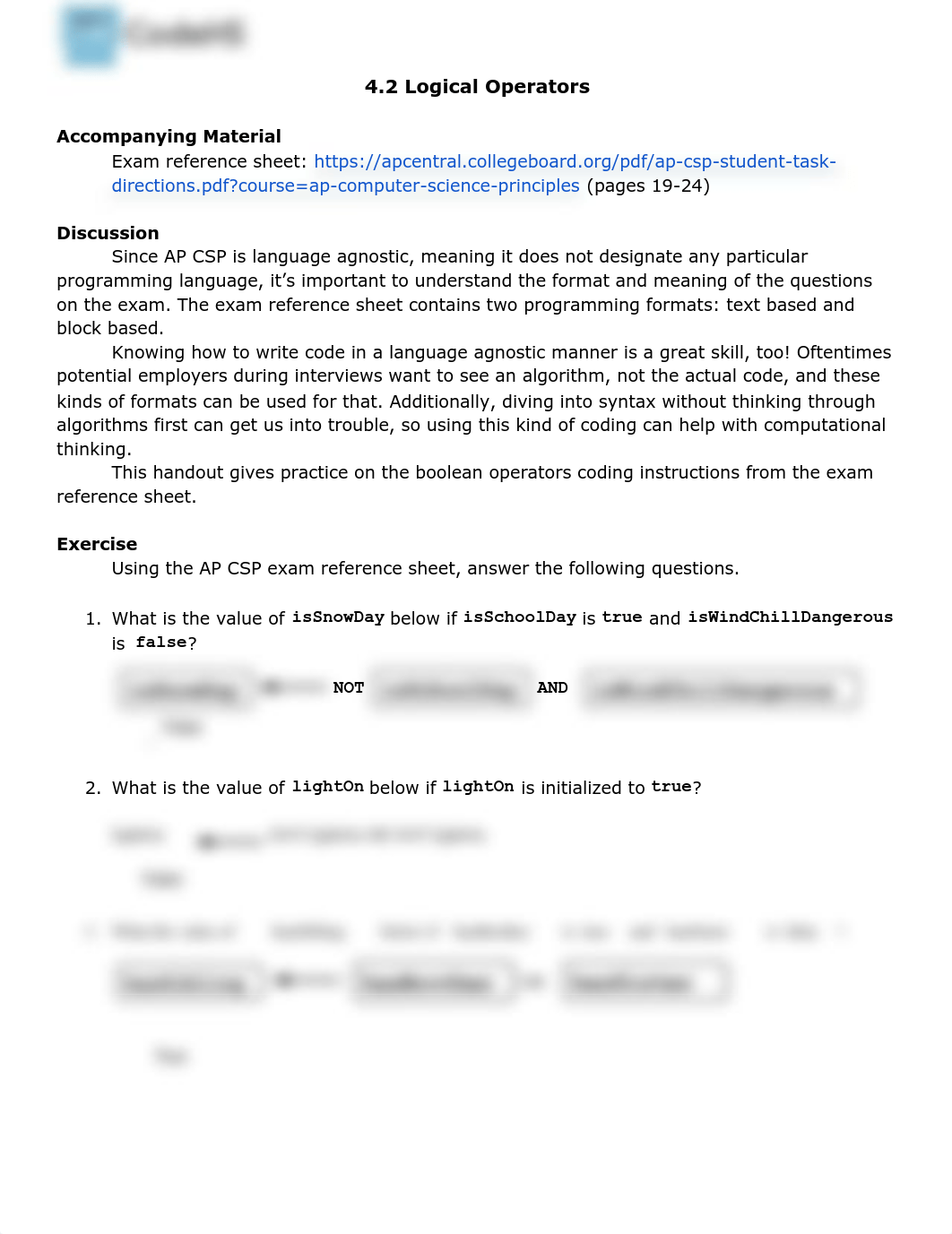 [AP CSP 2020][JavaScript Control Structures][02][Logical Operators] Logical Operators (student).pdf_dsik0nz42l1_page1