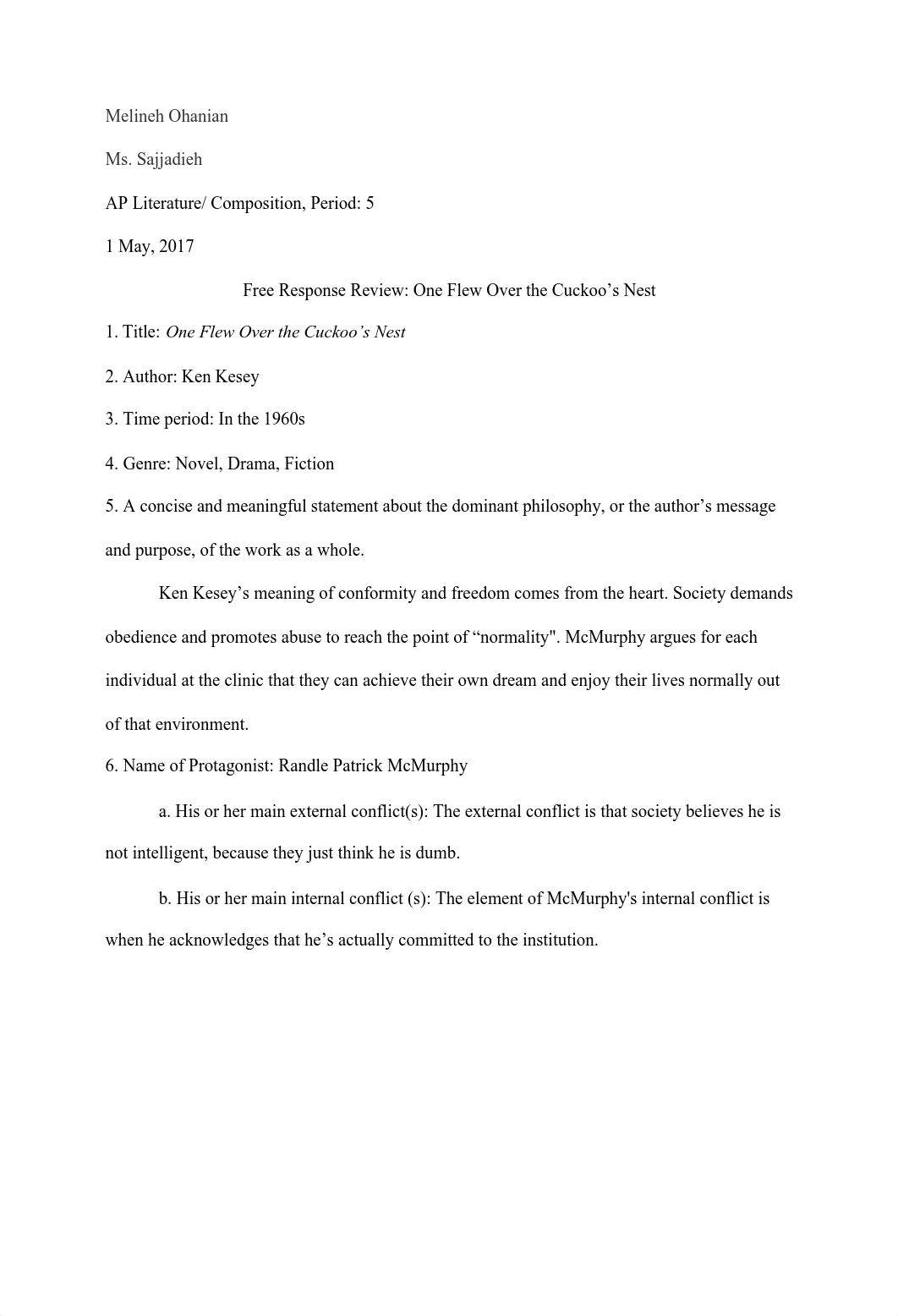 Free Response Question Review: One Flew Over the Cuckoo's Nest_dsjk427y456_page1