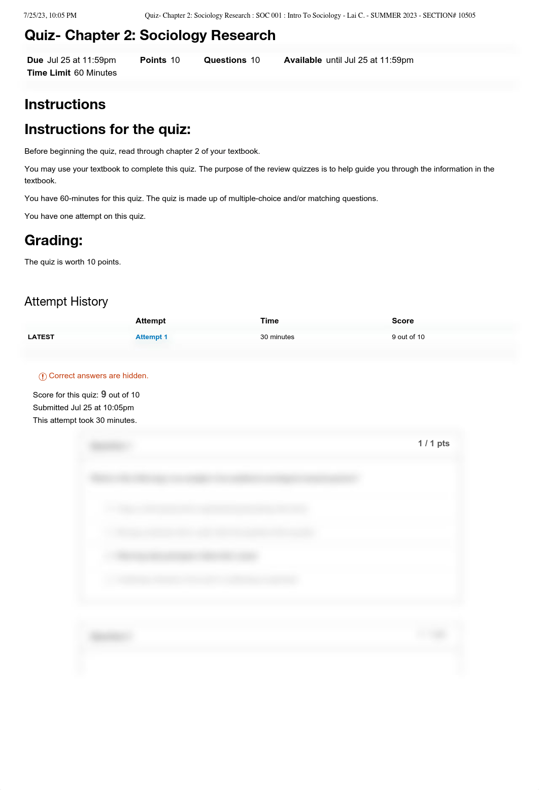 Quiz- Chapter 2_ Sociology Research _ SOC 001 _ Intro To Sociology - Lai C. - SUMMER 2023 - SECTION#_dsqxmrtxmh6_page1