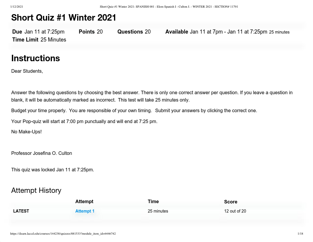 Short Quiz #1 Winter 2021_ SPANISH 001 _ Elem Spanish I - Culton J. - WINTER 2021 - SECTION# 11791.p_dstbdiv6bzq_page1