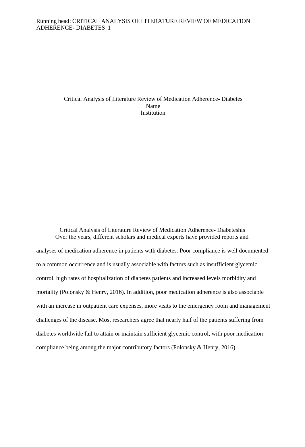 Critical Analysis of Literature Review of Medication Adherence- Diabetes.docx_dstxa1144we_page1