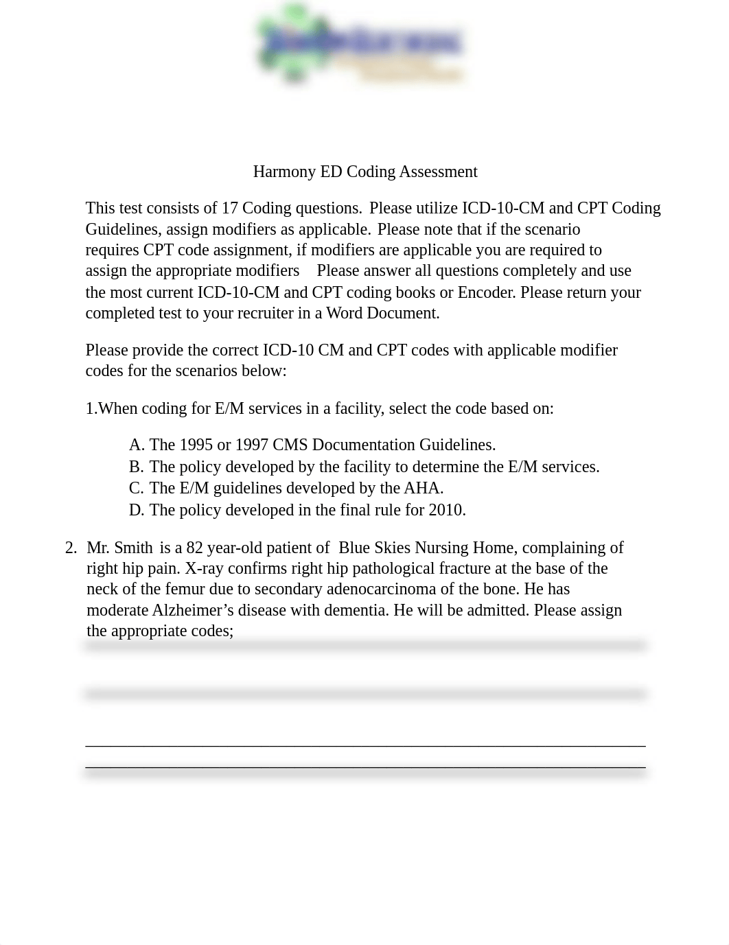 Harmony ICD-10-CM Only Coding Test (ED).docx_dsw3rpvejcb_page1