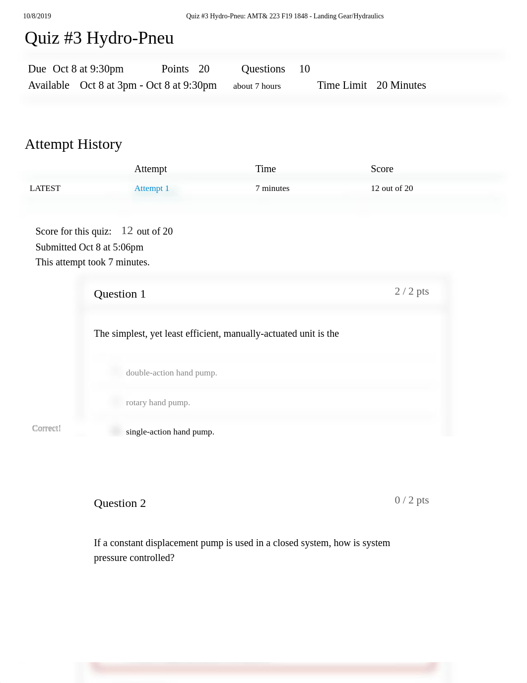 Quiz #3 Hydro-Pneu_ AMT& 223 F19 1848 - Landing Gear_Hydraulics.pdf_dswj2ci556c_page1