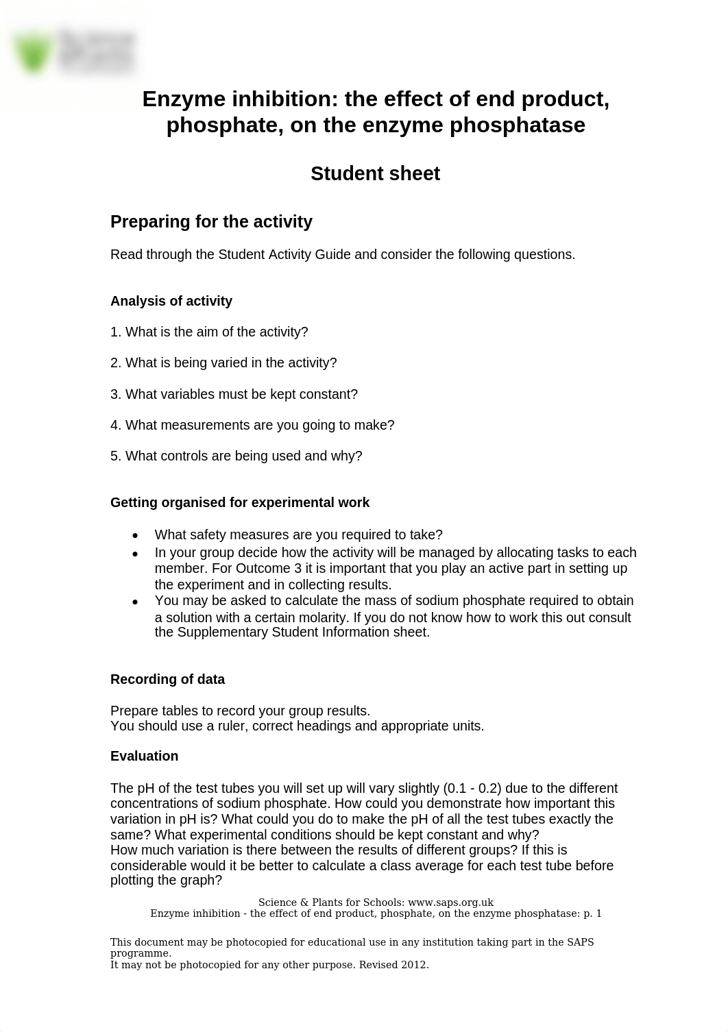 SAPS - Enzyme inhibition - the effect of phosphate on phosphatase - Student Guide_dsx5ezq1nkb_page1